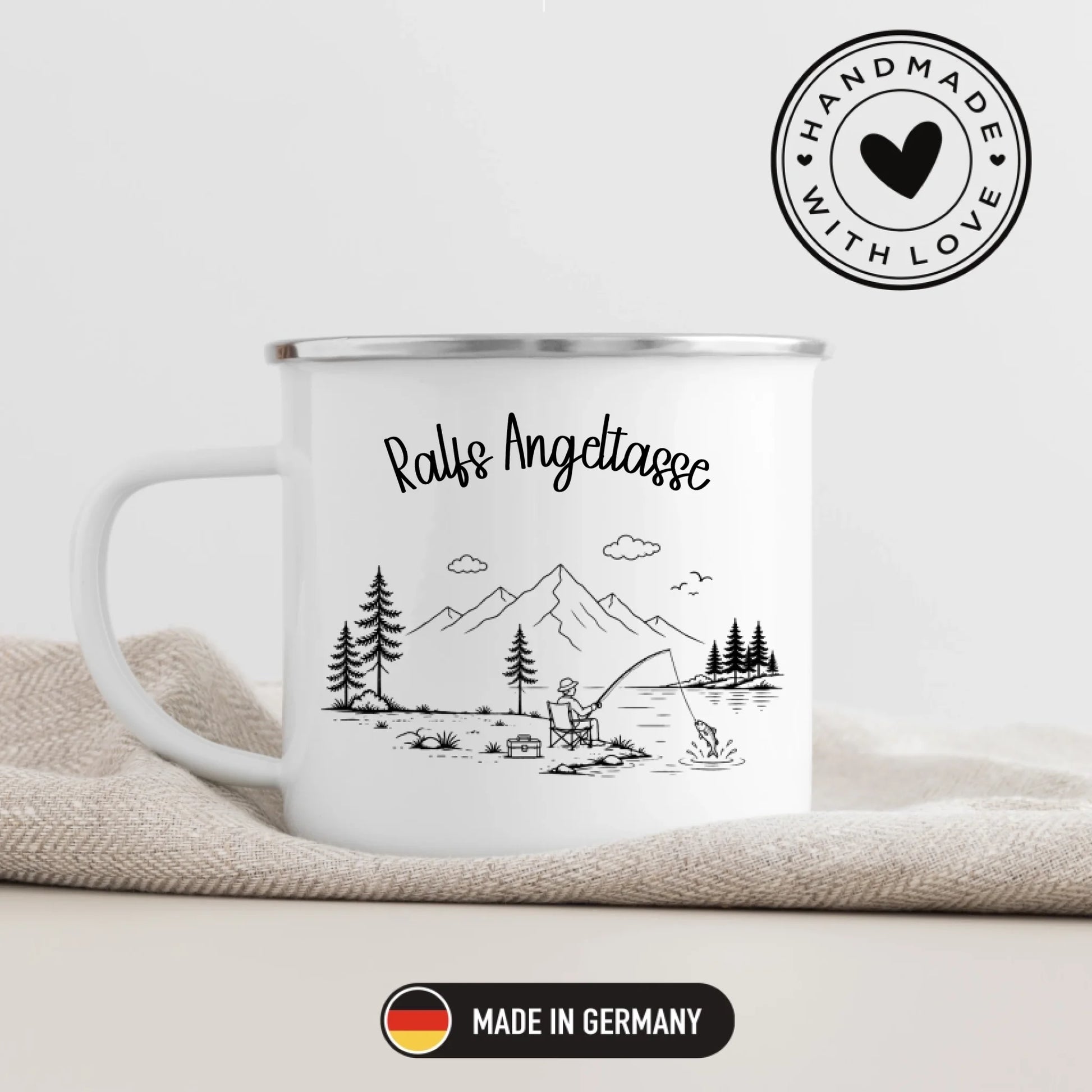 Personalisierte Emaille Tasse mit Namen als individuelles Camping Geschenk