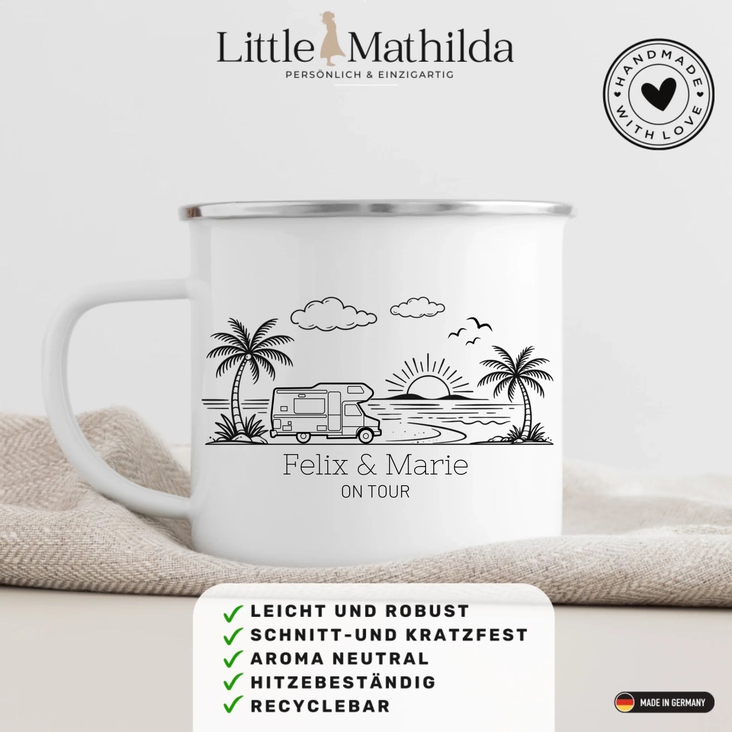 Personalisierte Camping Tasse mit Namen – Emaille oder Keramik – Geschenk für Camper, Wohnmobil & Vanlife