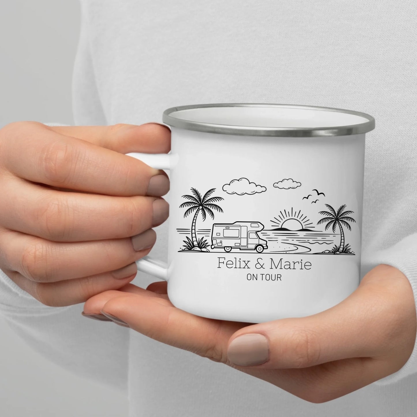 Personalisierte Camping Tasse mit Namen – Emaille oder Keramik – Geschenk für Camper, Wohnmobil & Vanlife