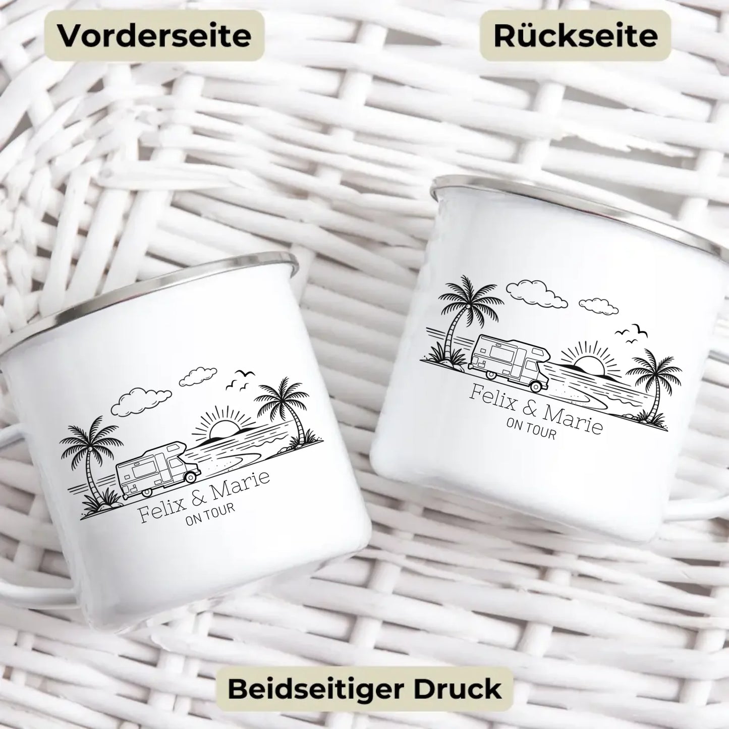 Personalisierte Camping Tasse mit Namen – Emaille oder Keramik – Geschenk für Camper, Wohnmobil & Vanlife