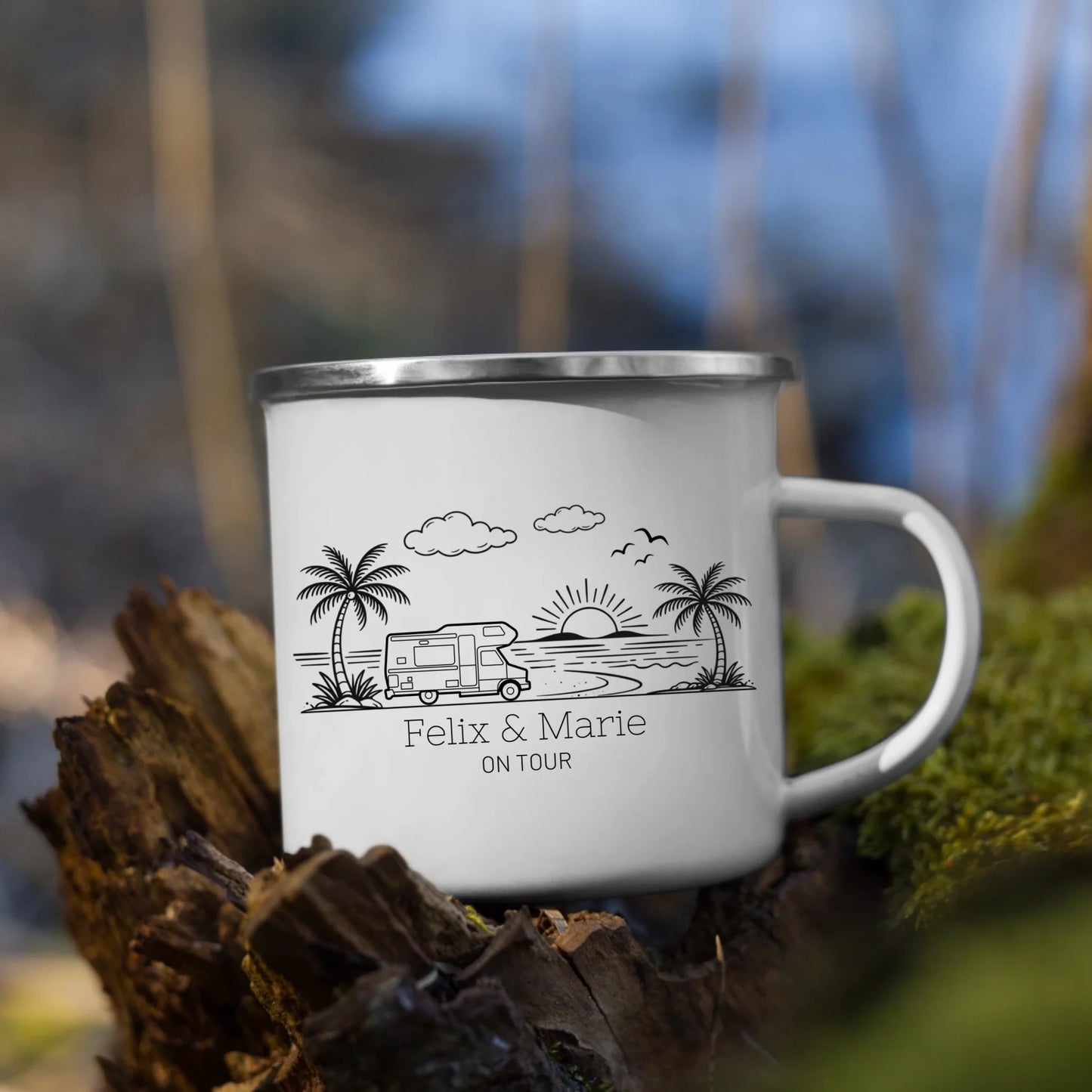 Personalisierte Camping Tasse mit Namen – Emaille oder Keramik – Geschenk für Camper, Wohnmobil & Vanlife