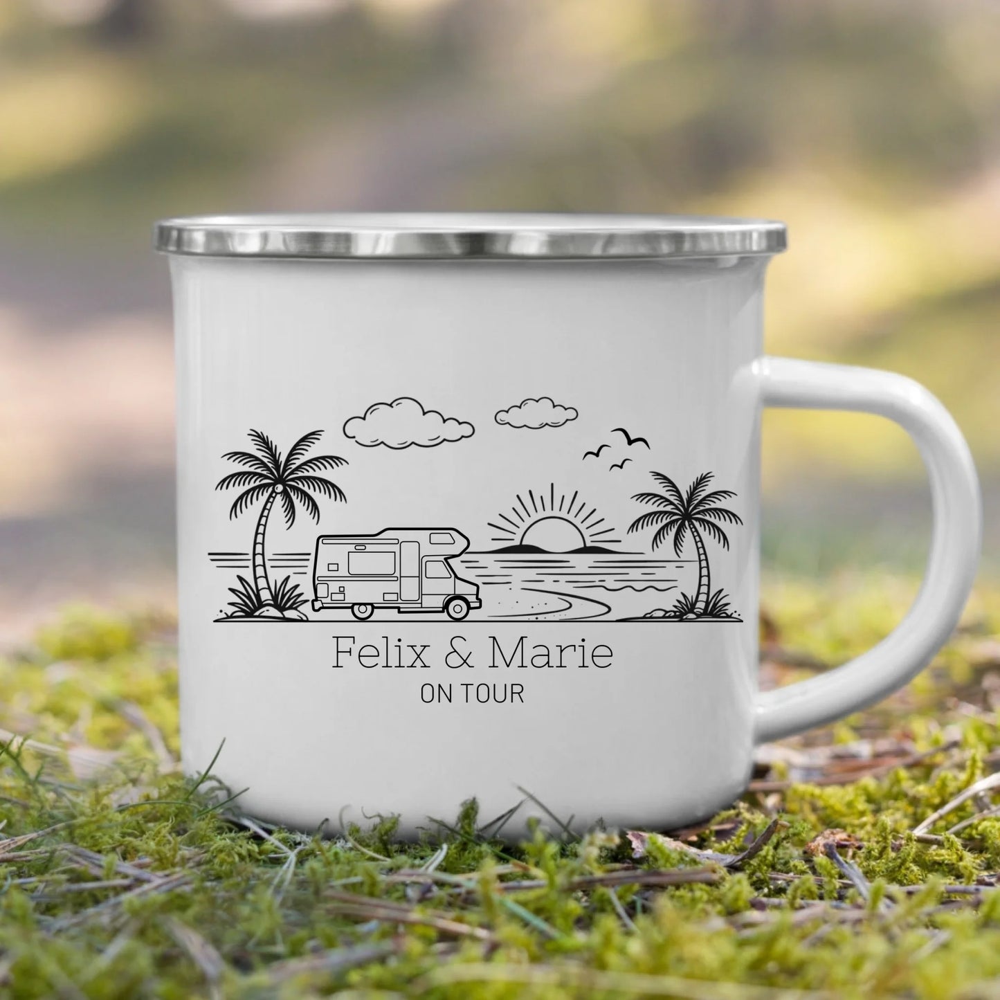 Personalisierte Camping Tasse mit Namen – Emaille oder Keramik – Geschenk für Camper, Wohnmobil & Vanlife