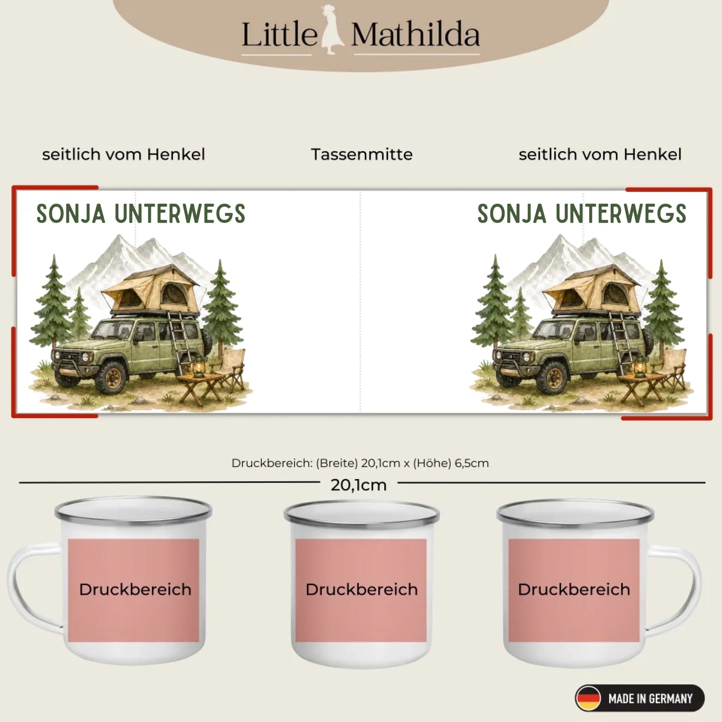 Personalisierte Emaille Camping Tasse Offroad Camper mit Schlafdach