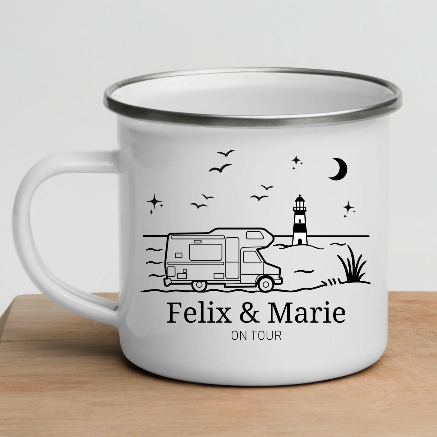 Emaille Camping Tasse Wohnwagen am Meer