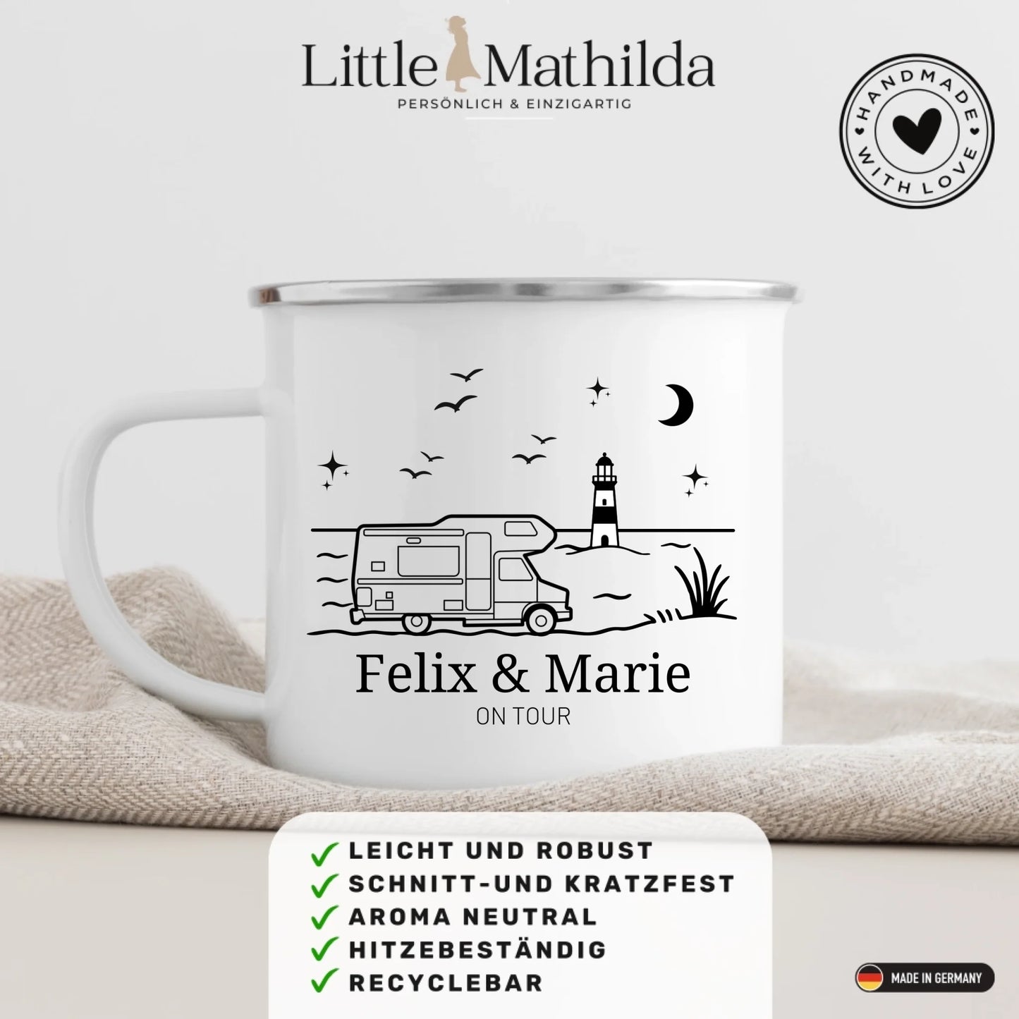 Emaille Camping Tasse Wohnwagen am Meer