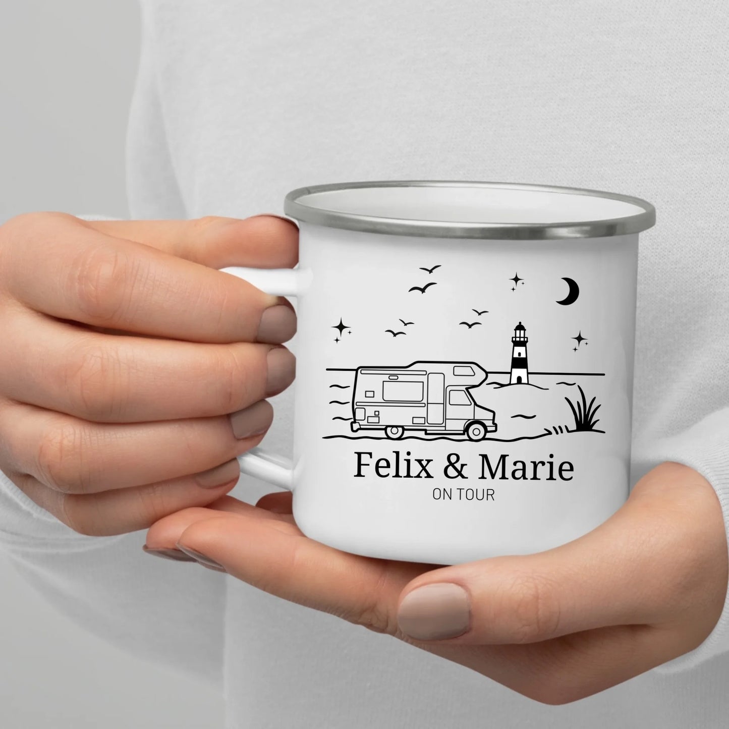 Emaille Camping Tasse Wohnwagen am Meer