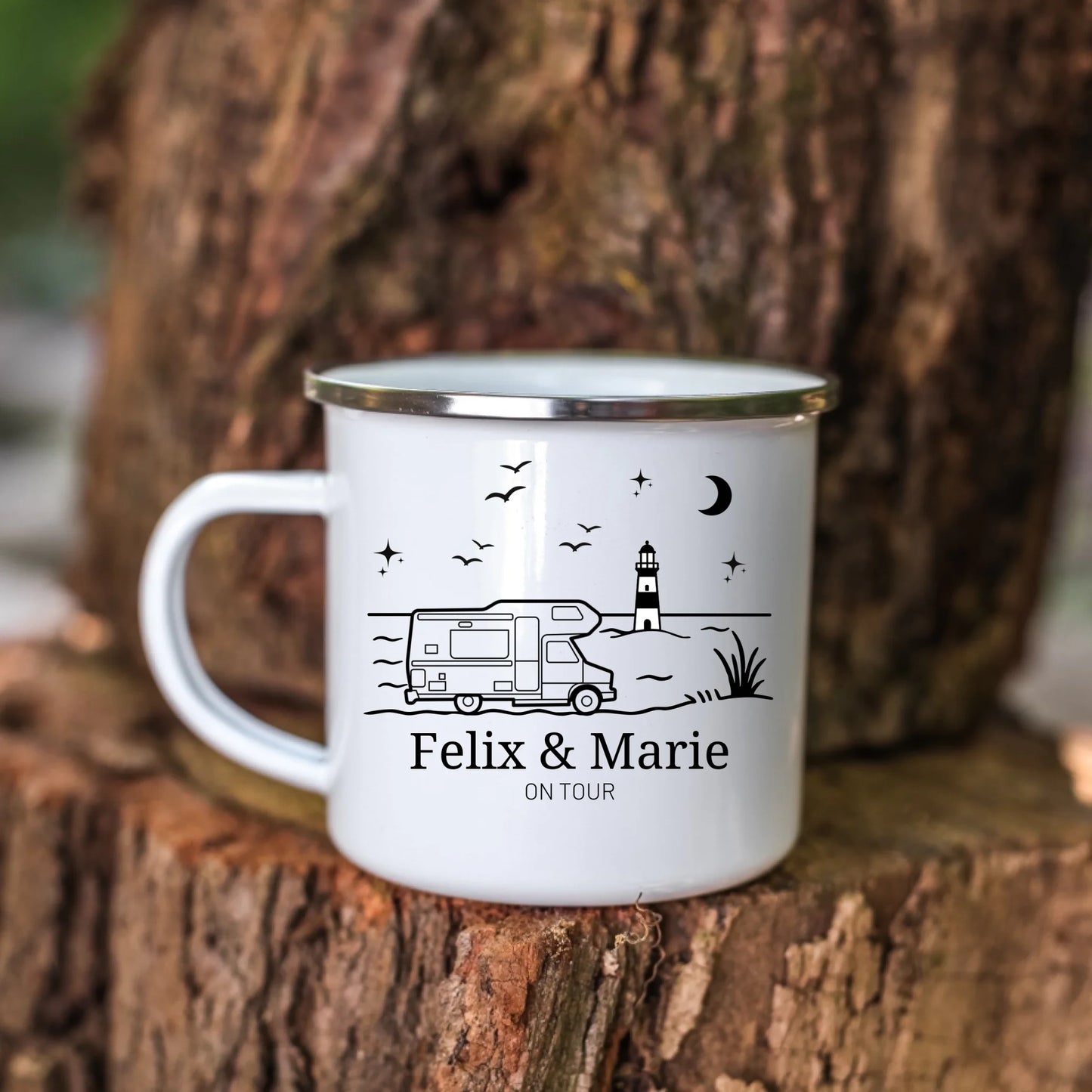 Emaille Camping Tasse Wohnwagen am Meer
