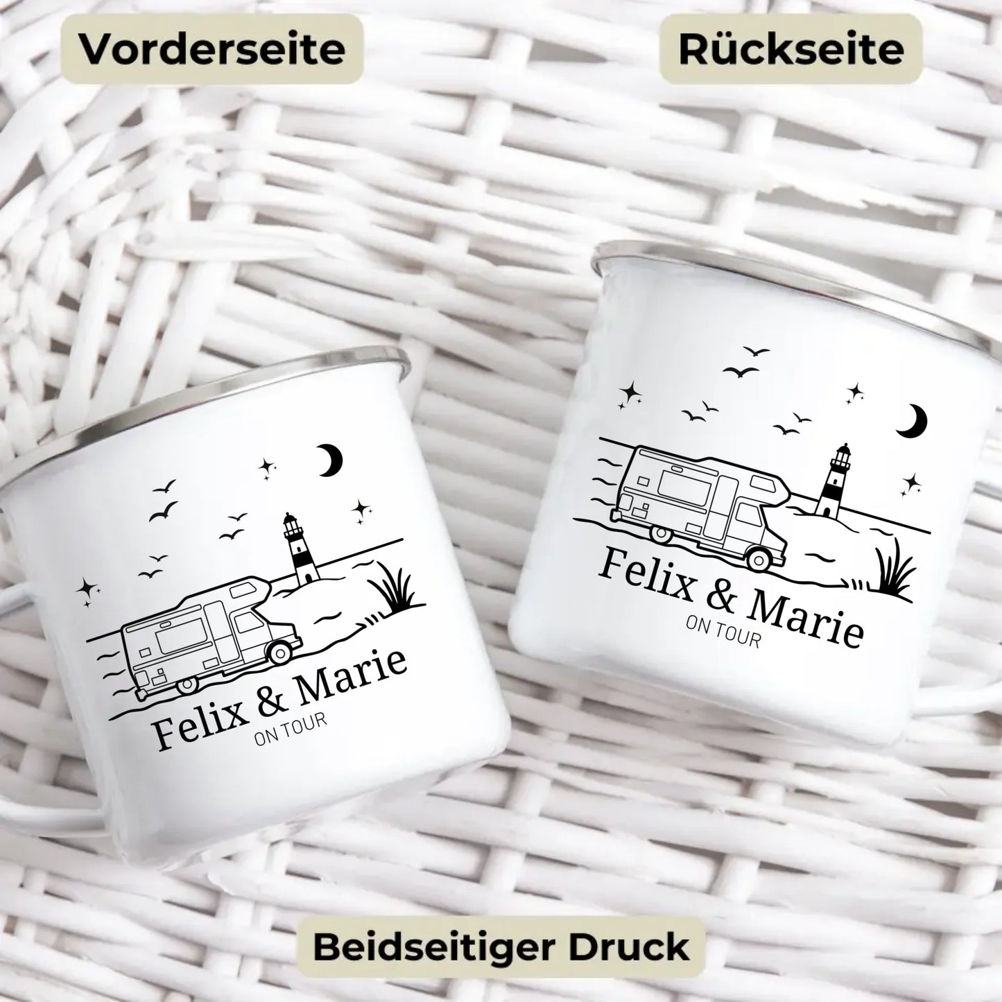 Emaille Camping Tasse Wohnwagen am Meer