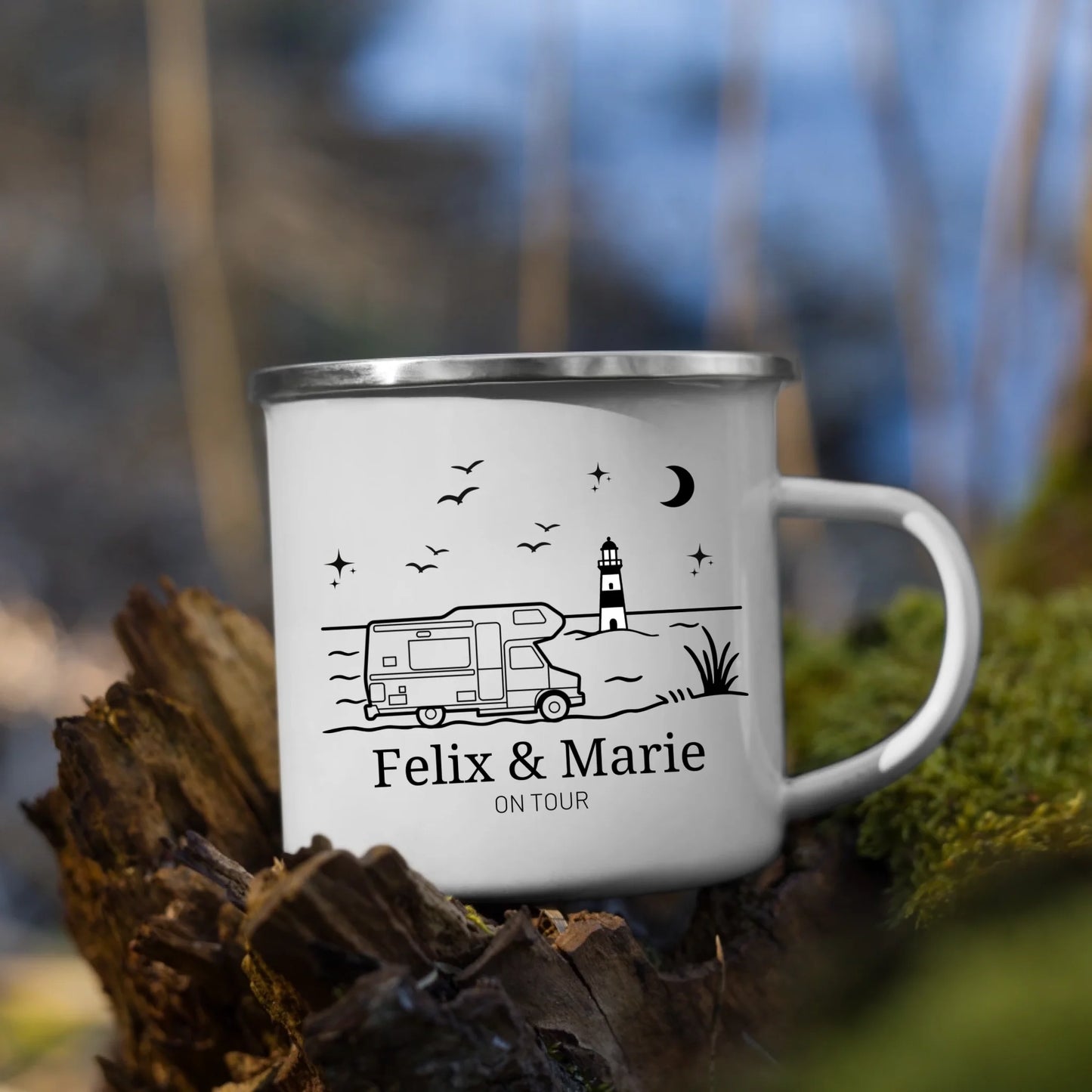 Emaille Camping Tasse Wohnwagen am Meer