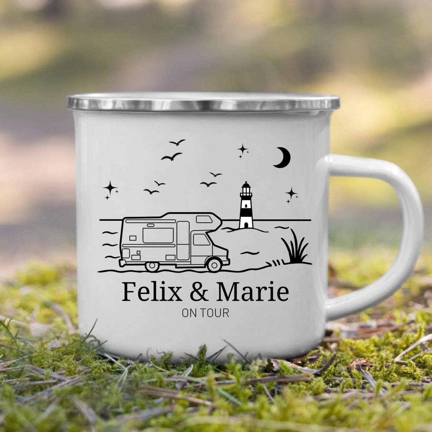 Emaille Camping Tasse Wohnwagen am Meer