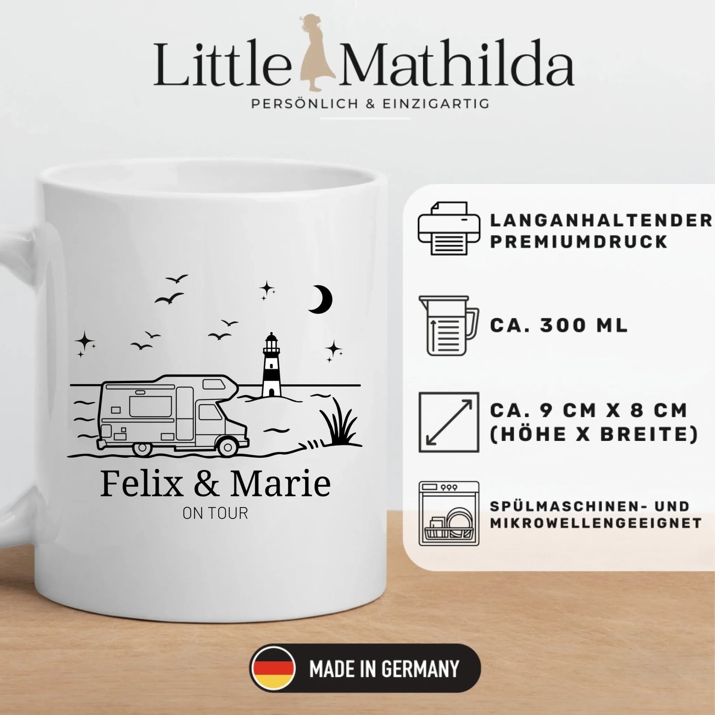 Emaille Camping Tasse Wohnwagen am Meer