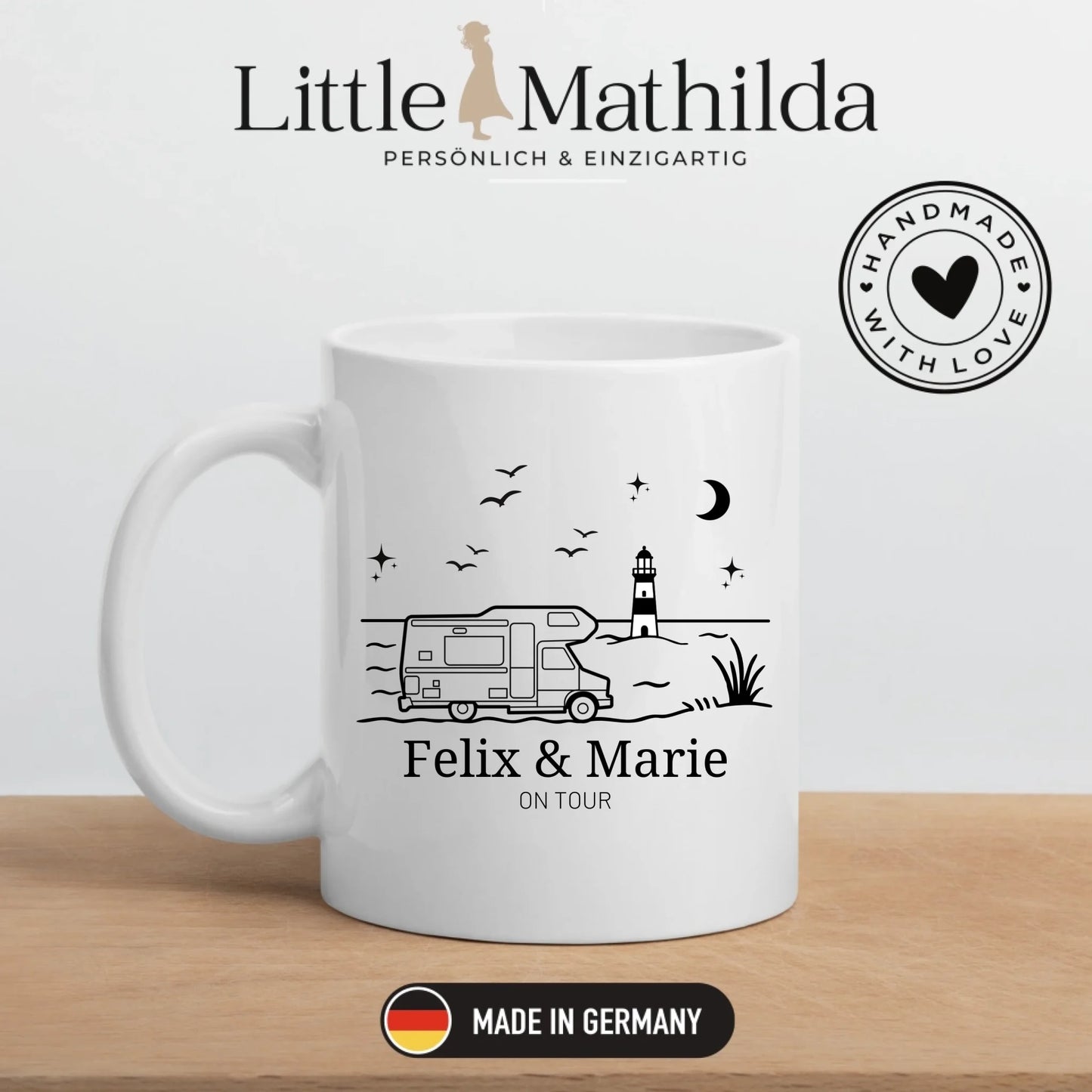 Emaille Camping Tasse Wohnwagen am Meer