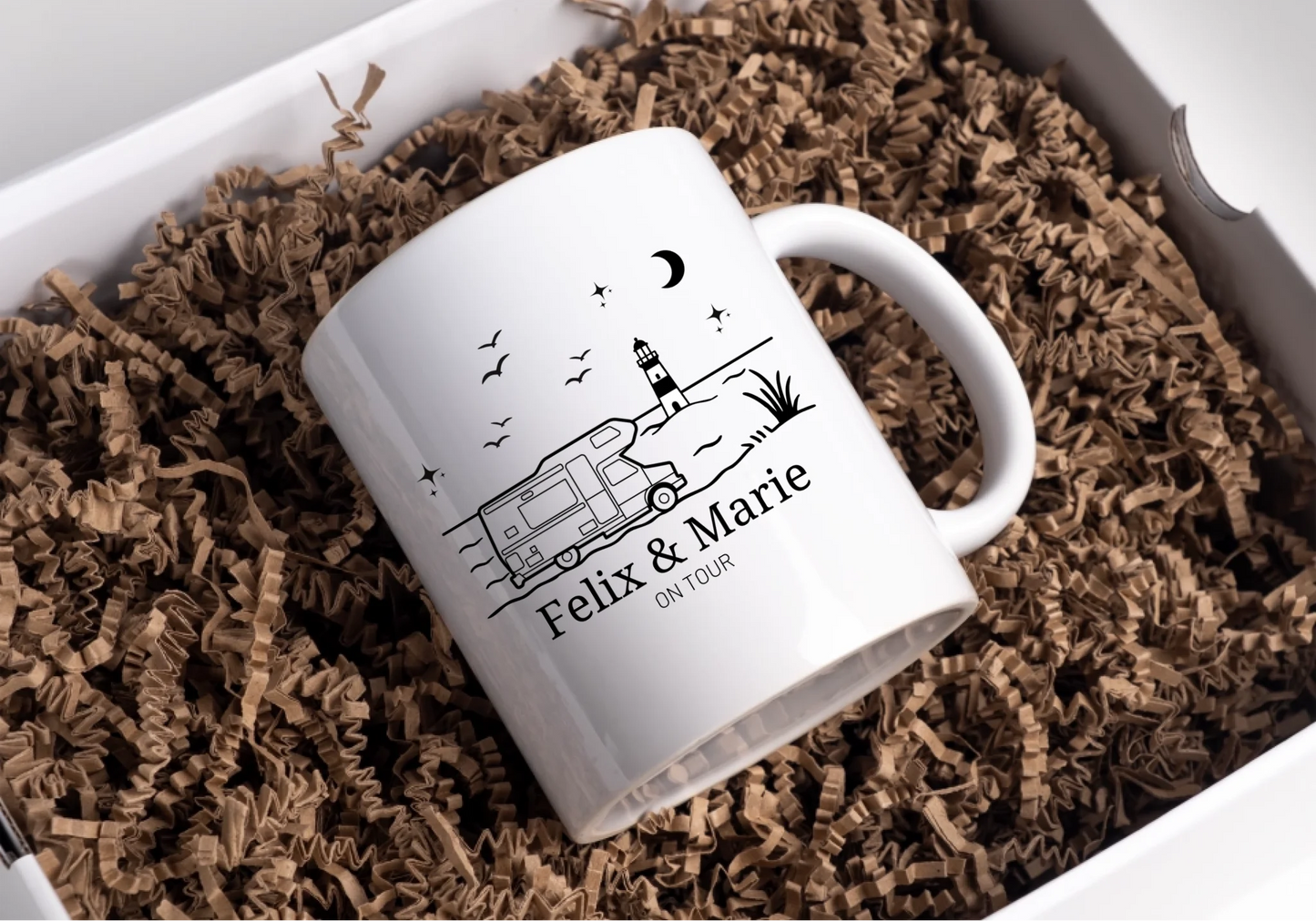 Emaille Camping Tasse Wohnwagen am Meer