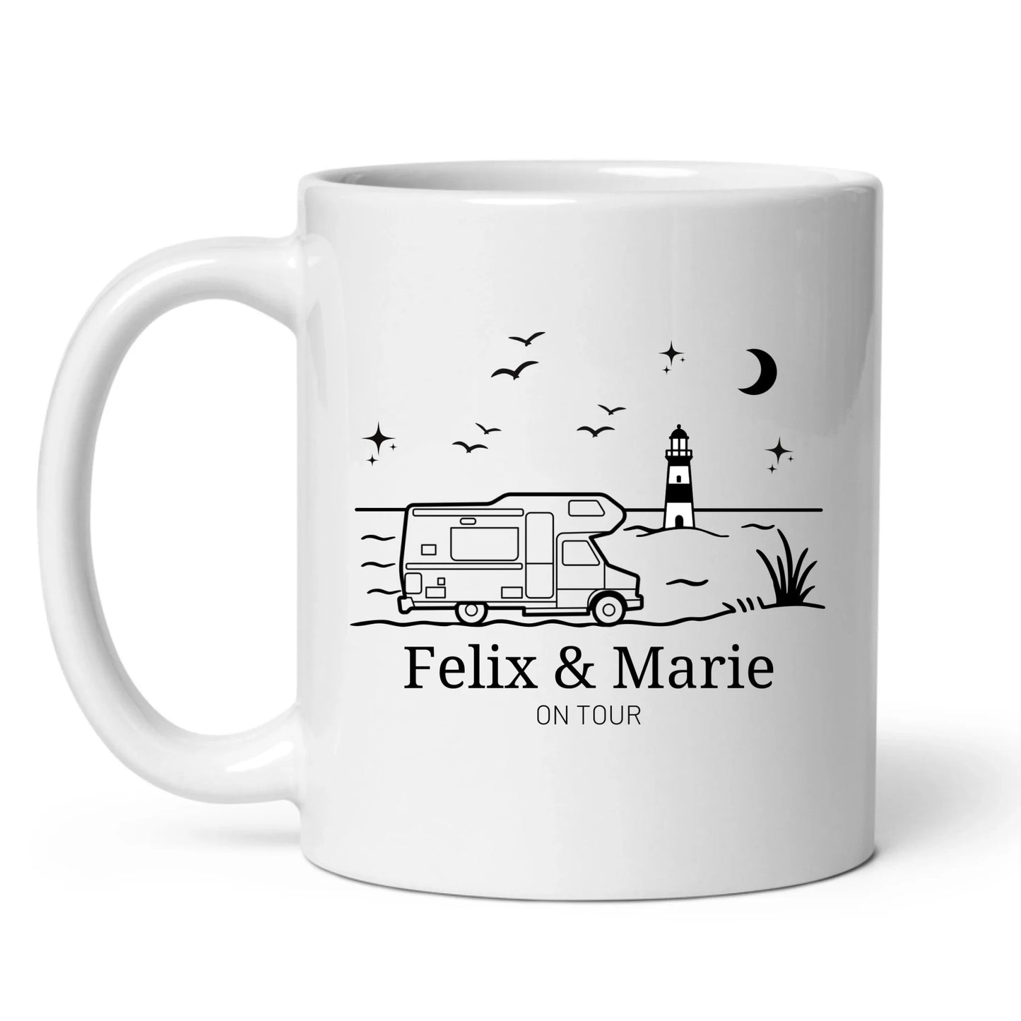Emaille Camping Tasse Wohnwagen am Meer