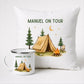 Personalisierte Emaille Camping Tasse und Camping Kissen von Little Mathilda