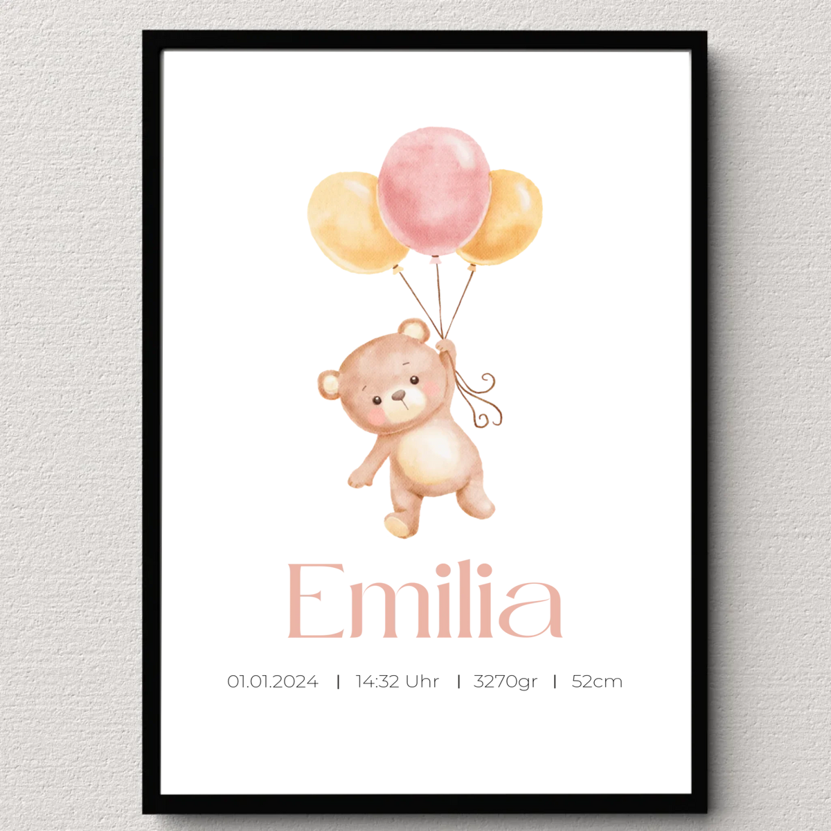 Personalisiertes Geburtsposter mit Bär, Luftballons und Geburtsdaten