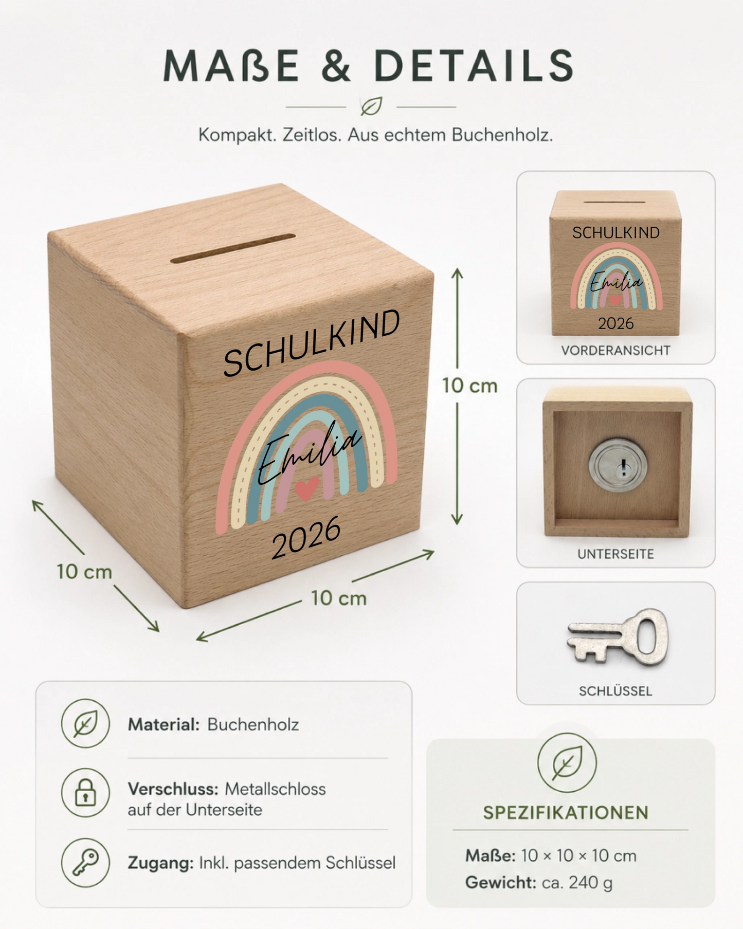 Personalisierte Holzspardose zur Einschulung mit Name, Datum & Regenbogen