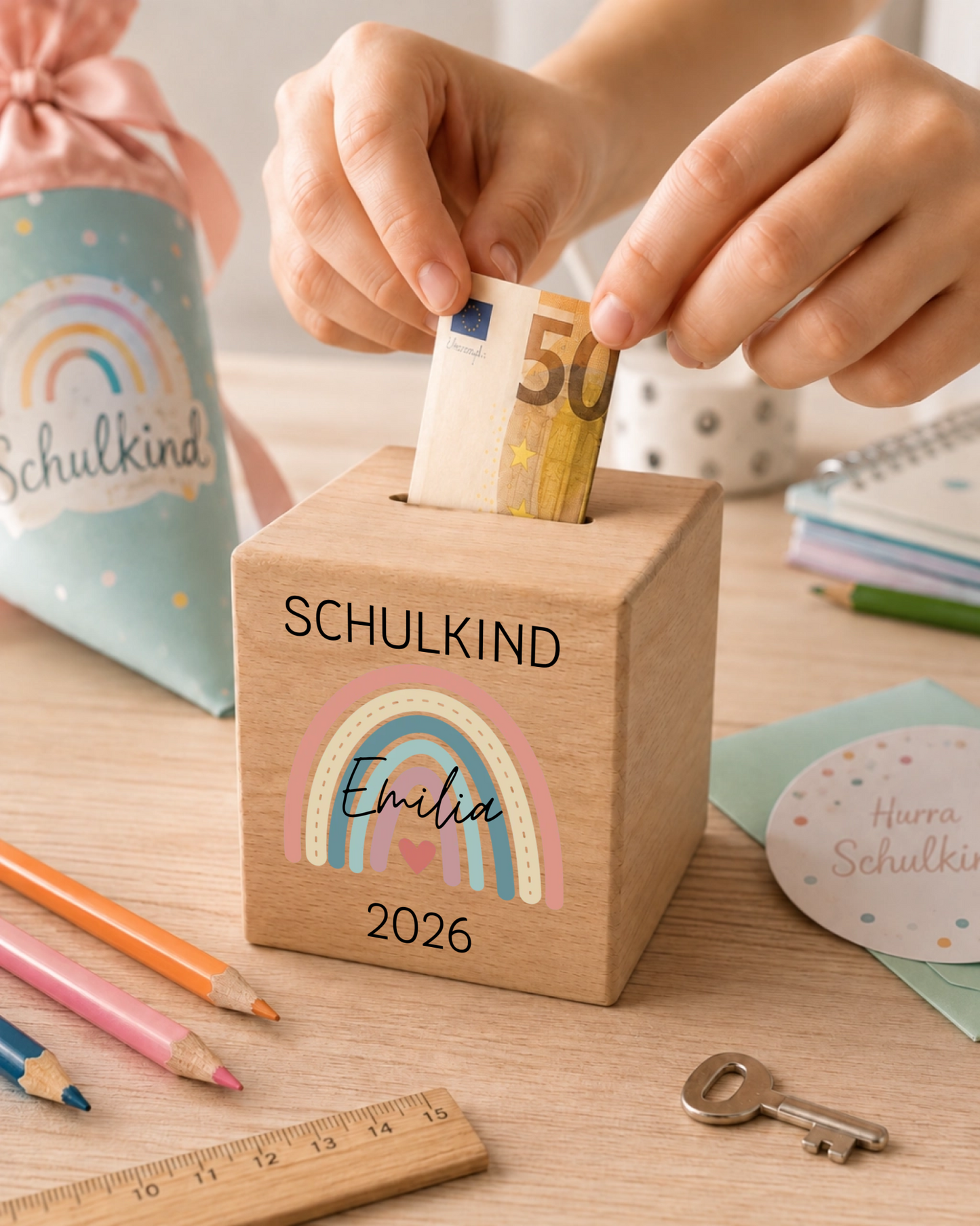 Personalisierte Holzspardose zur Einschulung mit Name, Datum & Regenbogen
