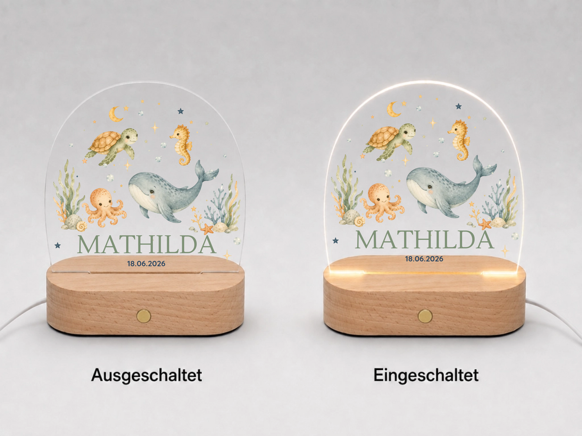 Personalisiertes Nachtlicht mit Name & Datum – Wal und Meerestiere