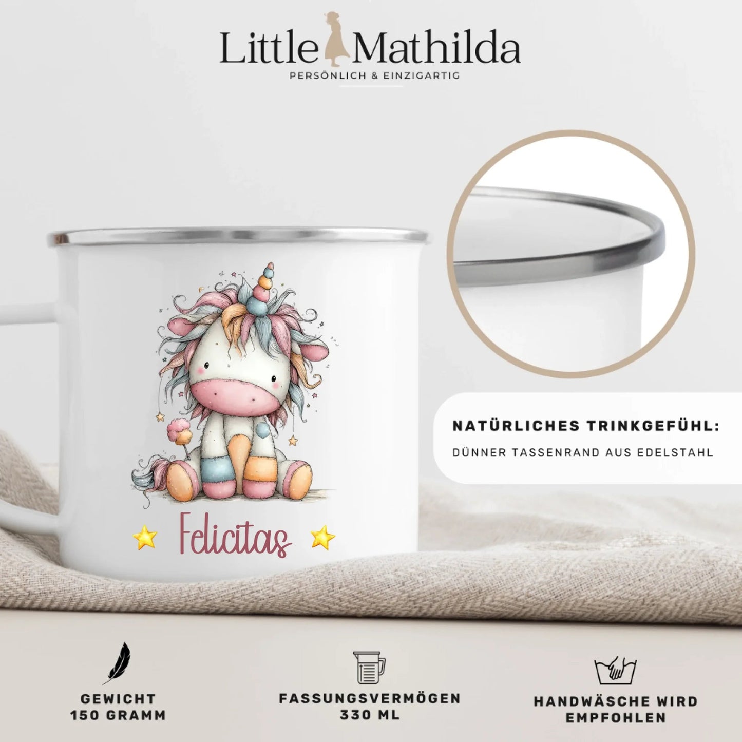Einhorn Tasse: Personalisierte Kindertasse mit Namen Little Mathilda Little Mathilda Emaille Tasse