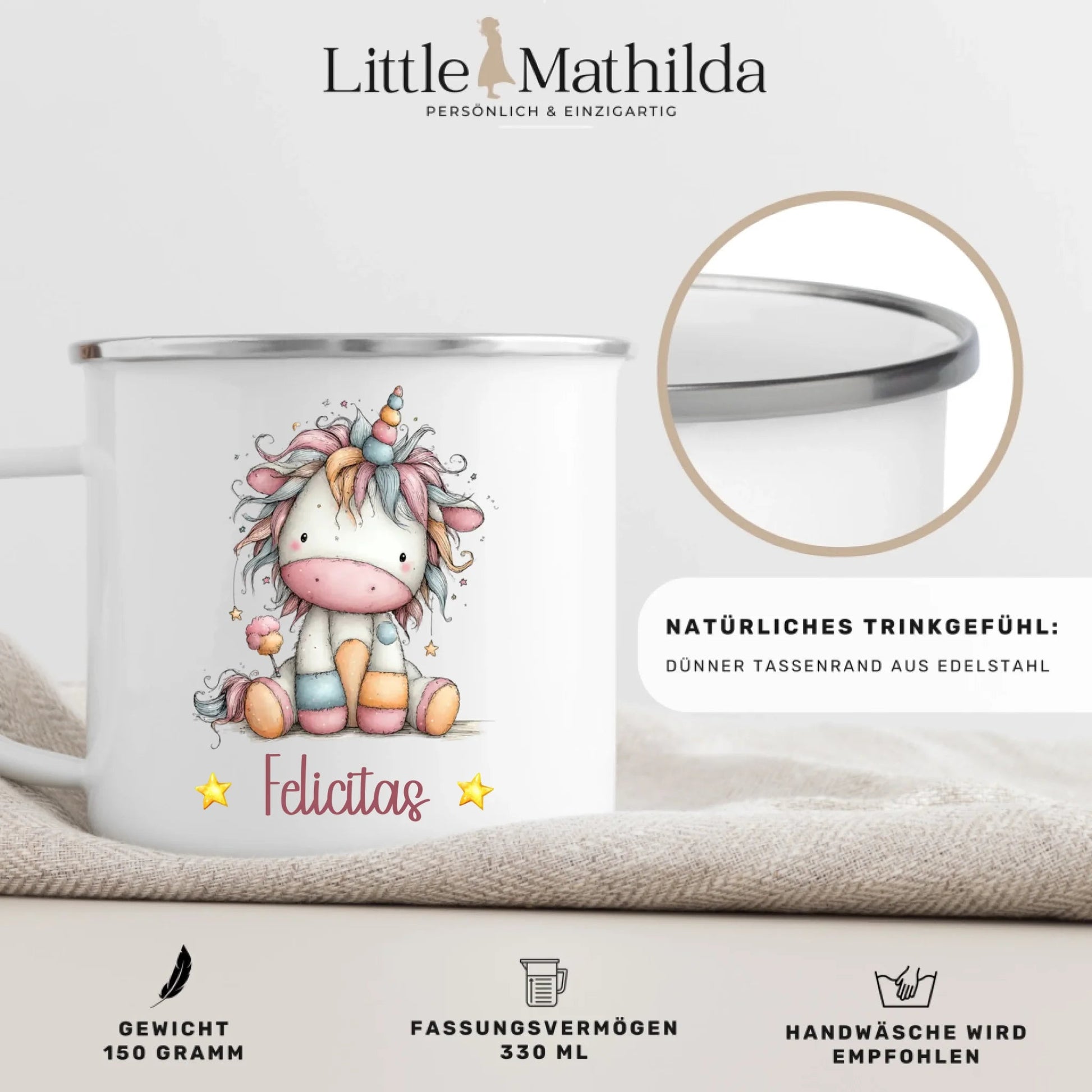 Einhorn Tasse: Personalisierte Kindertasse mit Namen Little Mathilda Little Mathilda Emaille Tasse