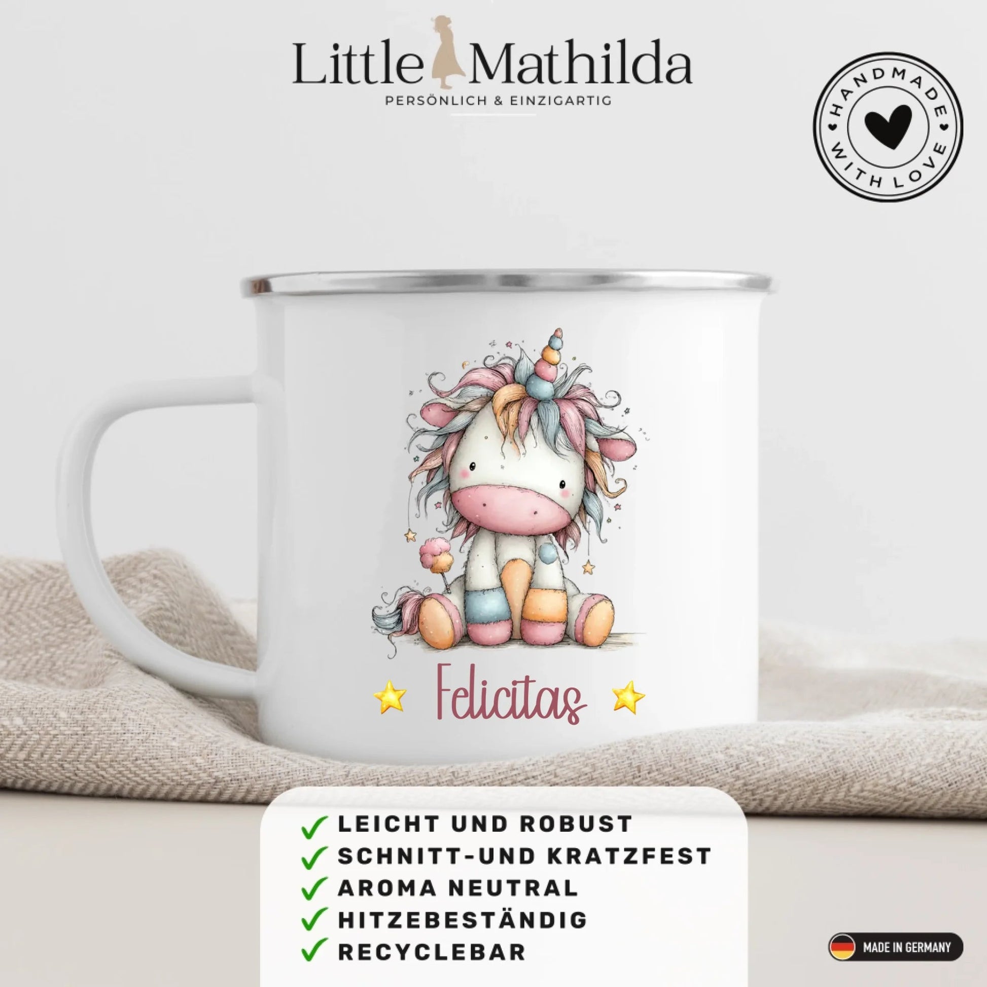 Einhorn Tasse: Personalisierte Kindertasse mit Namen Little Mathilda Little Mathilda Emaille Tasse