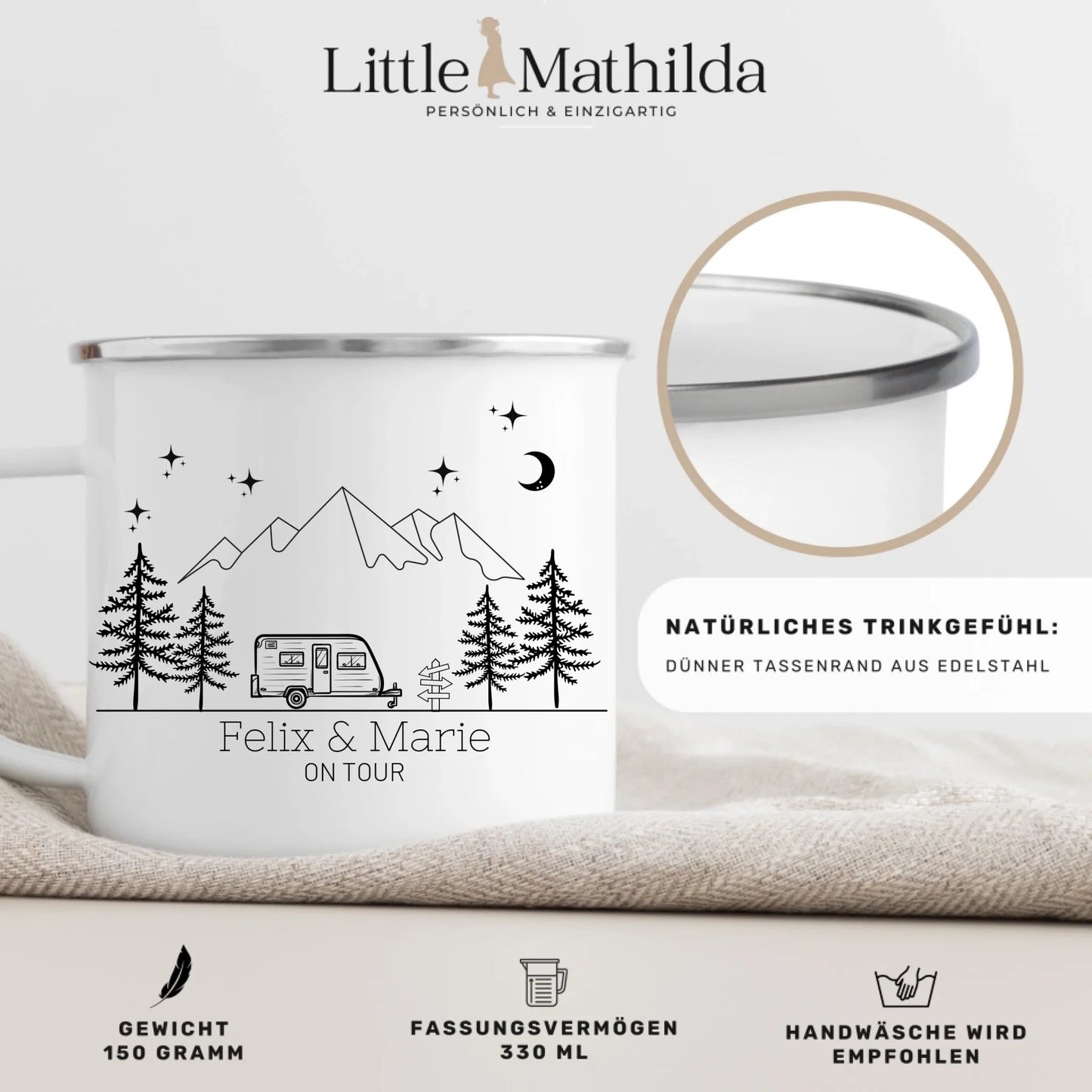 Emaille Camping Tasse mit Camping Anhänger Little Mathilda Little Mathilda Emaille Tasse