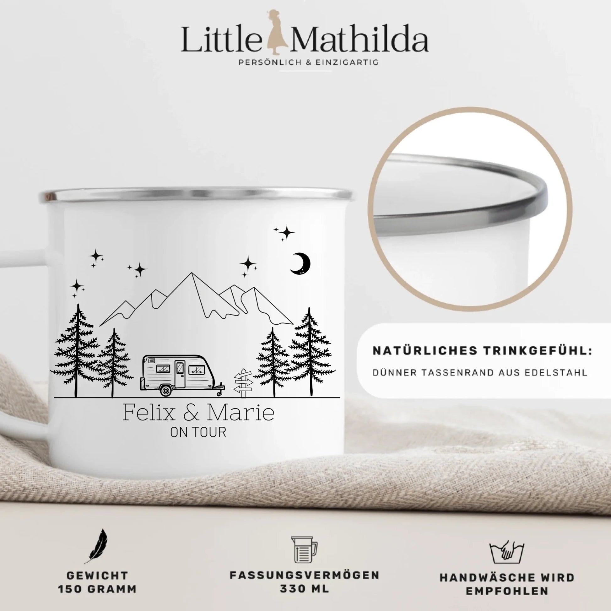 Emaille Camping Tasse mit Camping Anhänger Little Mathilda Little Mathilda Emaille Tasse