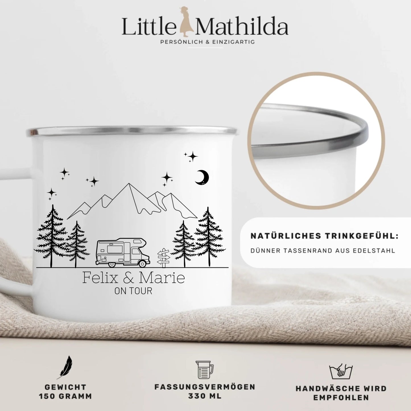 Emaille Camping Tasse mit vintage Wohnmobil Little Mathilda Little Mathilda Emaille Tasse