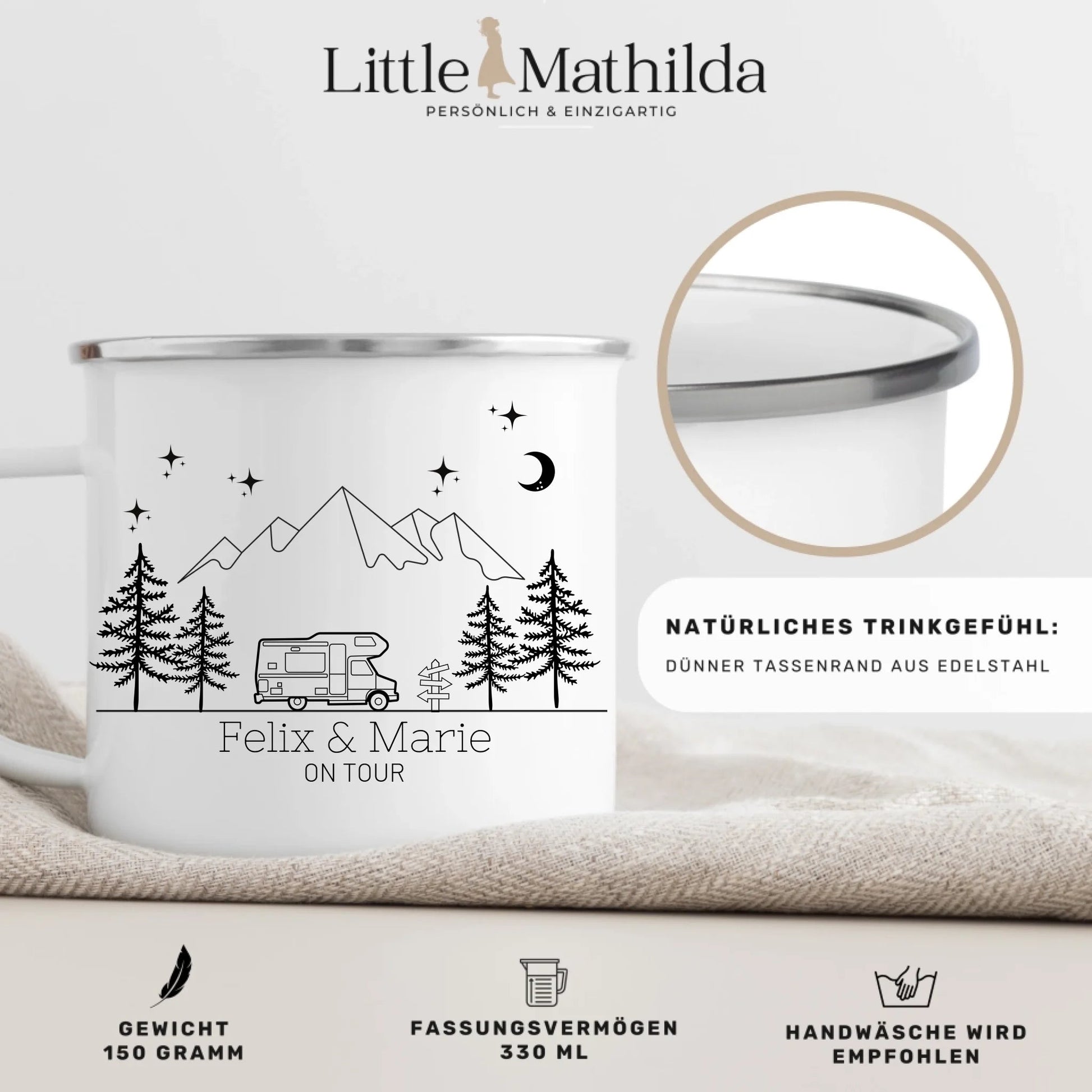 Emaille Camping Tasse mit vintage Wohnmobil Little Mathilda Little Mathilda Emaille Tasse