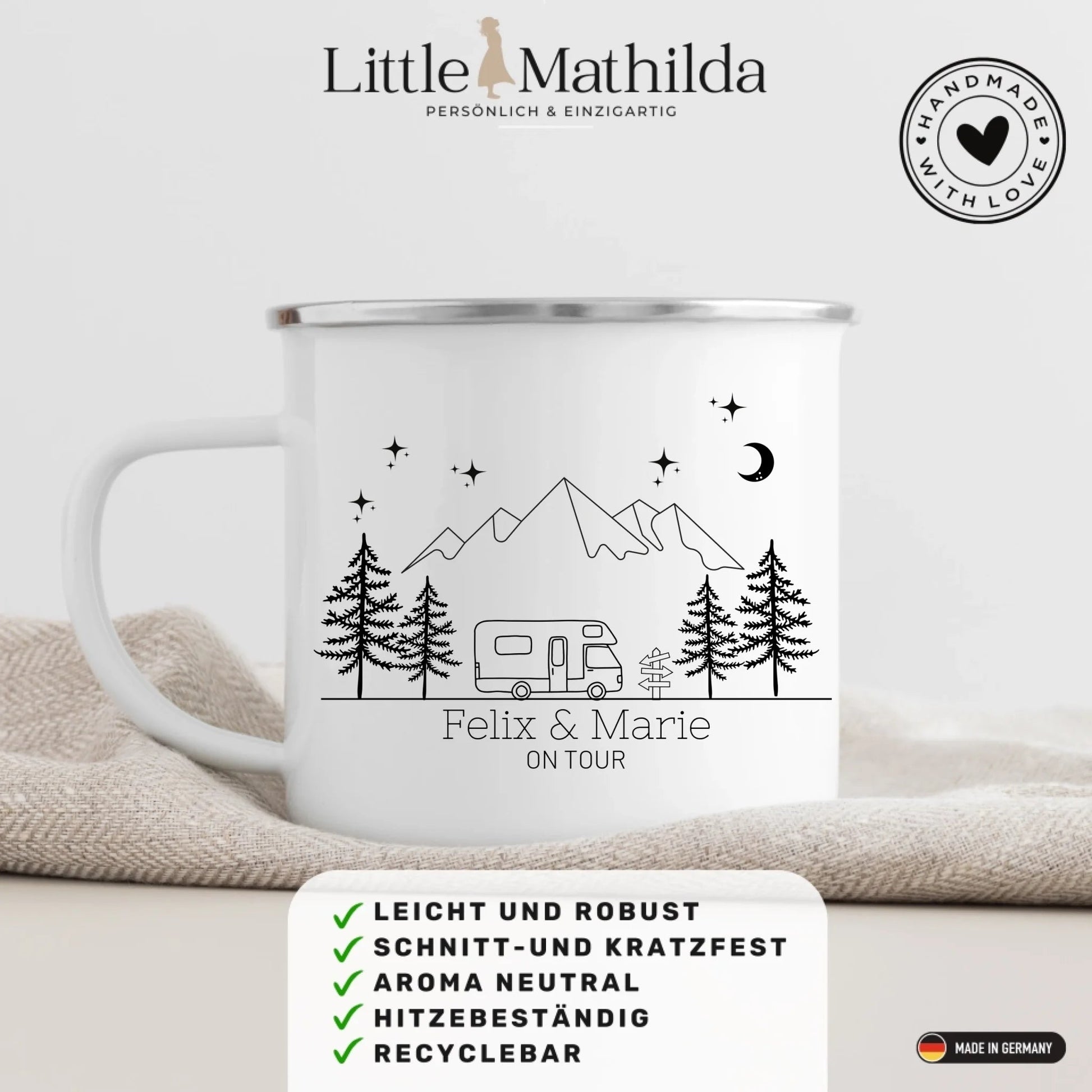 Emaille Camping Tasse mit Wohnmobil Illustration Little Mathilda Little Mathilda Emaille Tasse