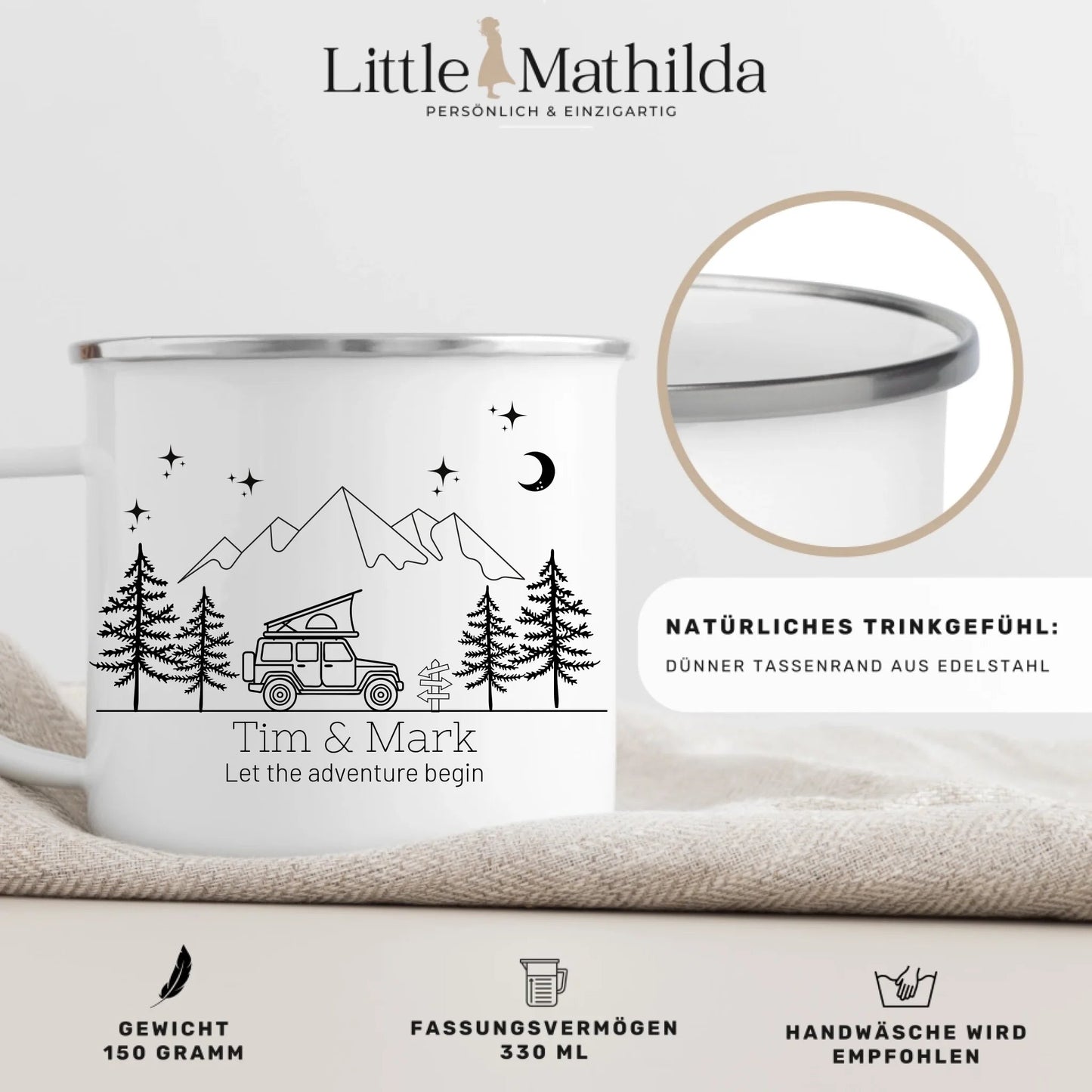 Emaille Camping Tasse Offroad mit Dachzelt Little Mathilda Little Mathilda Emaille Tasse