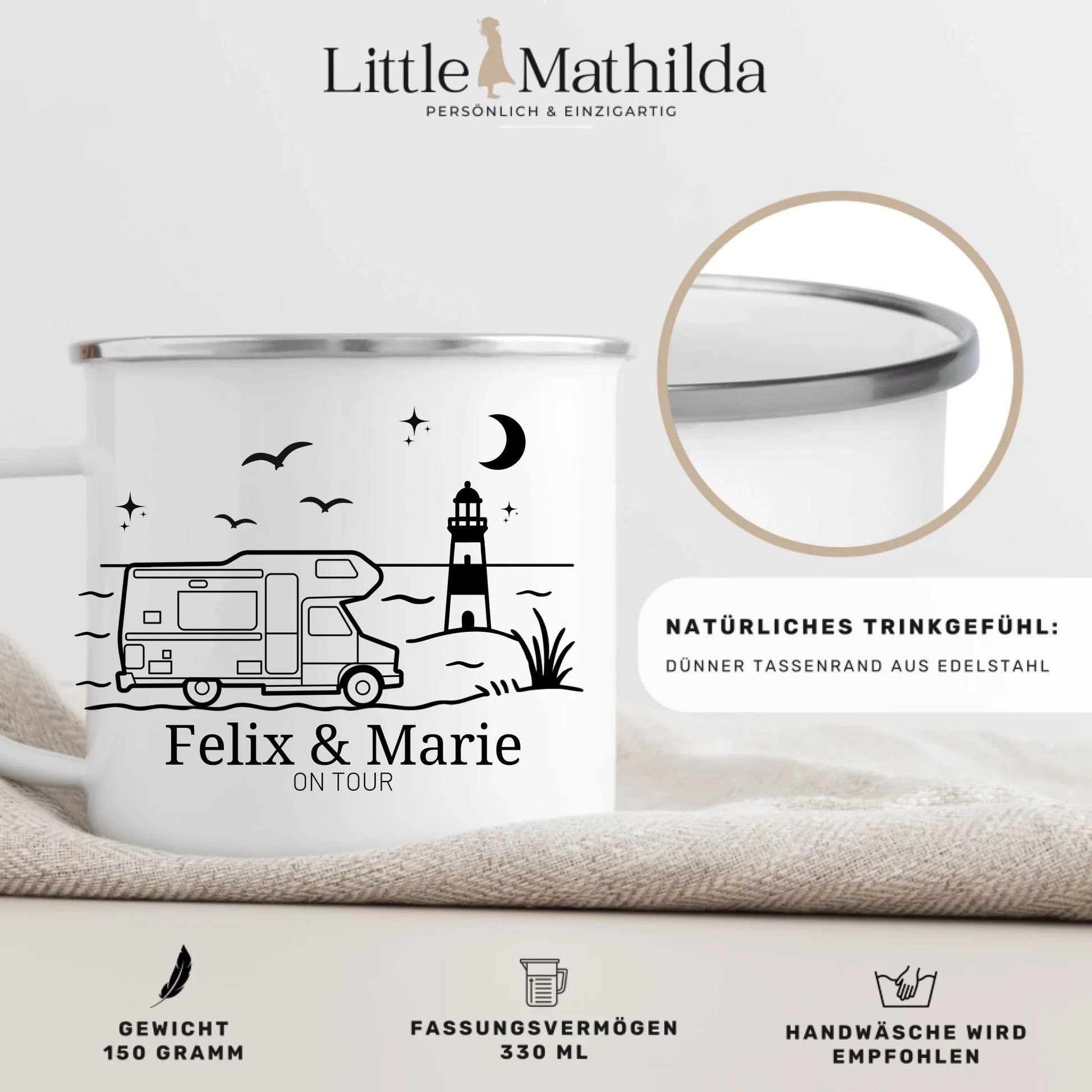 Emaille Camping Tasse Wohnwagen am Meer Little Mathilda Little Mathilda Emaille Tasse