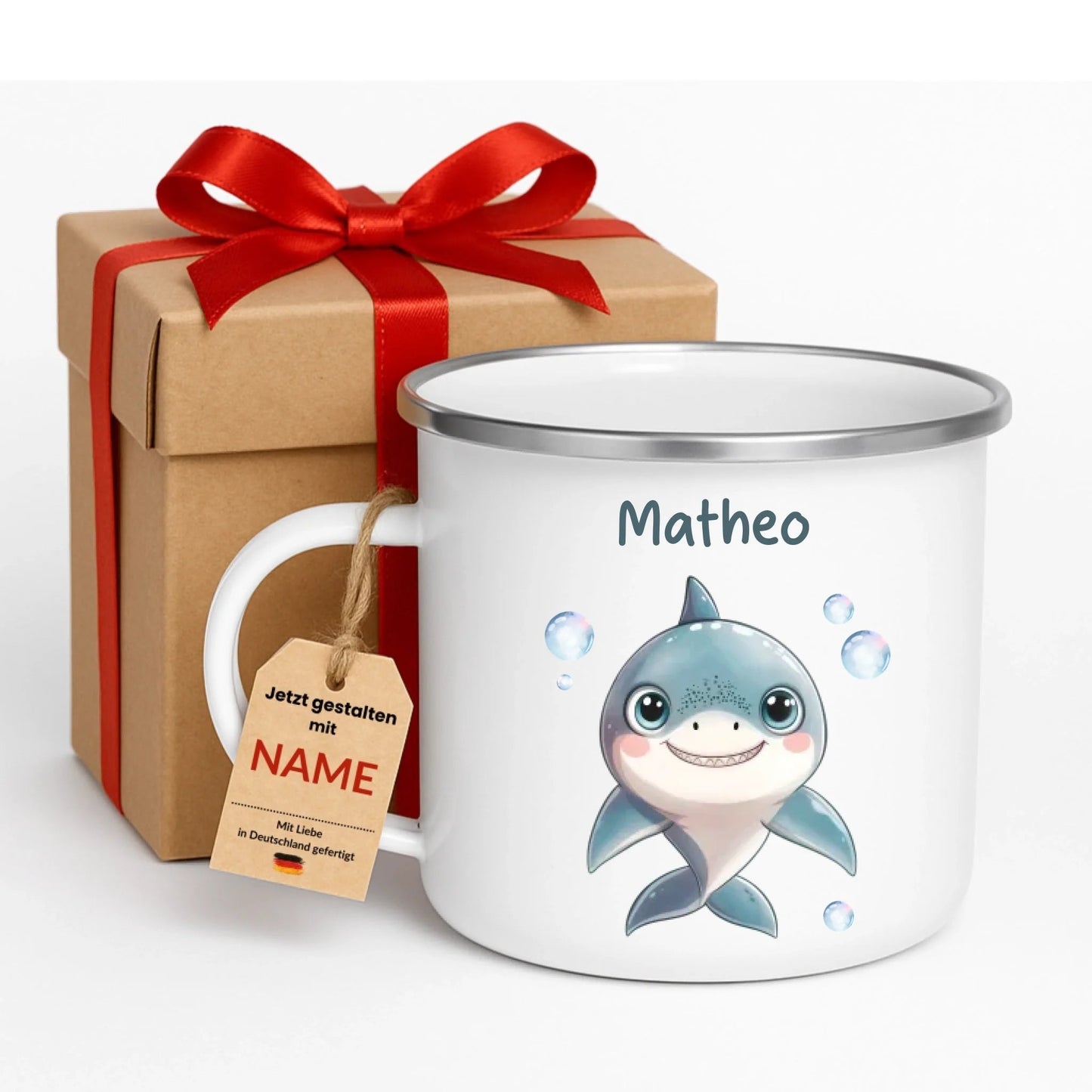 Emaille Kindertasse mit Namen personalisiert, Meerestiere Wal und Hai Little Mathilda Little Mathilda Emaille Tasse