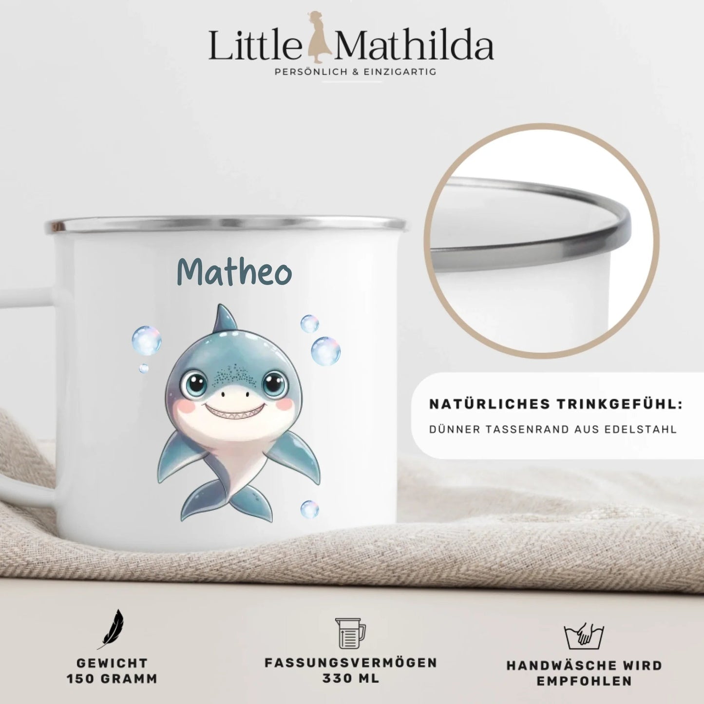 Emaille Kindertasse mit Namen personalisiert, Meerestiere Wal und Hai Little Mathilda Little Mathilda Emaille Tasse