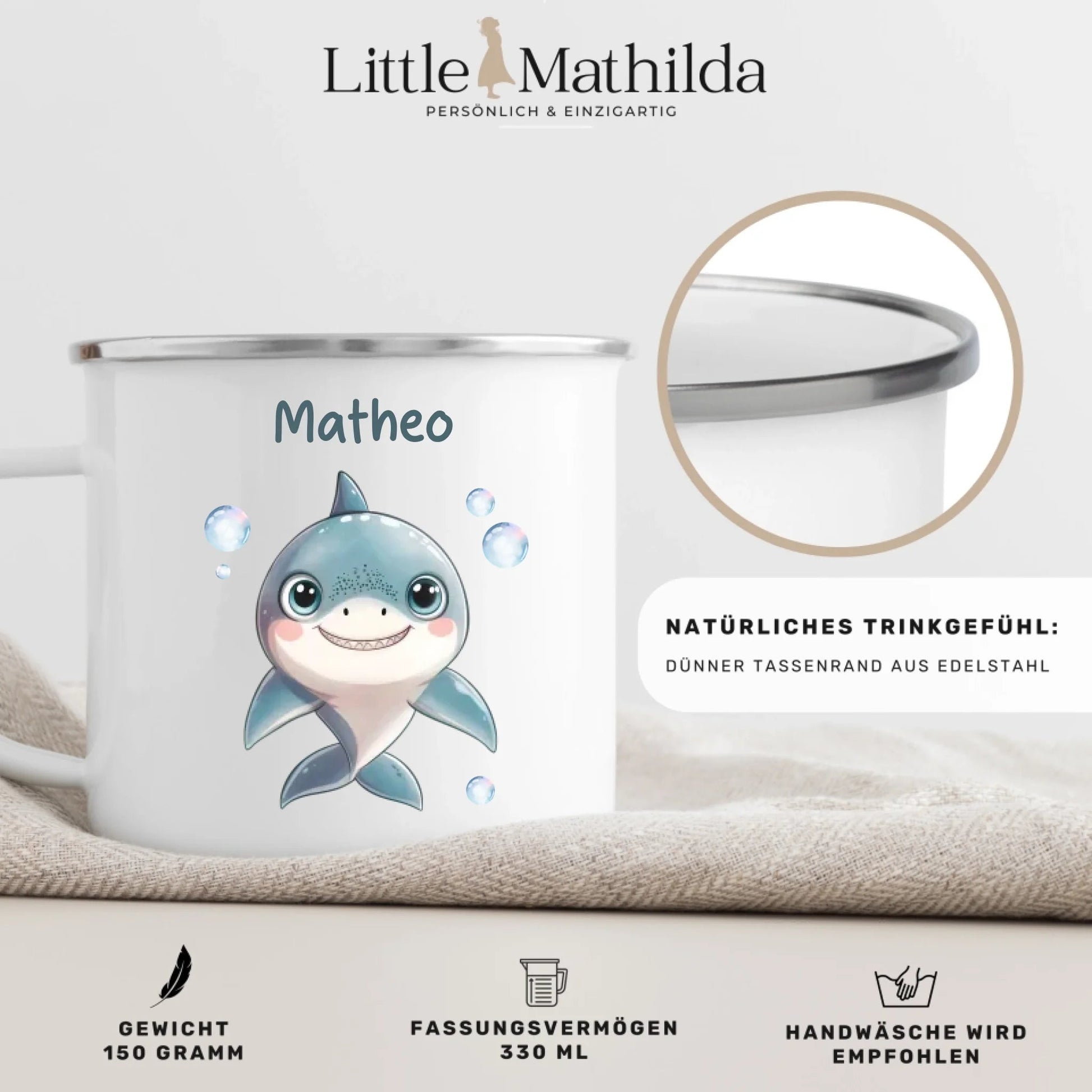 Emaille Kindertasse mit Namen personalisiert, Meerestiere Wal und Hai Little Mathilda Little Mathilda Emaille Tasse