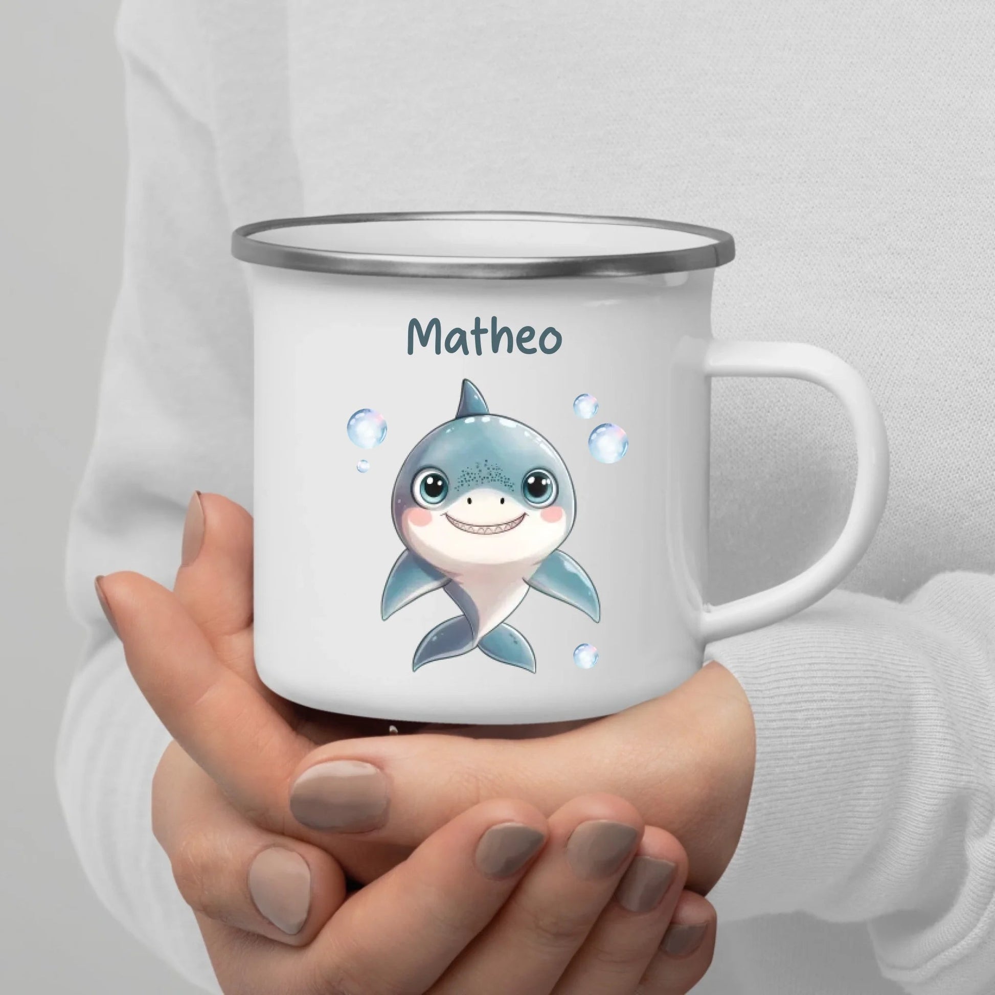 Emaille Kindertasse mit Namen personalisiert, Meerestiere Wal und Hai Little Mathilda Little Mathilda Emaille Tasse
