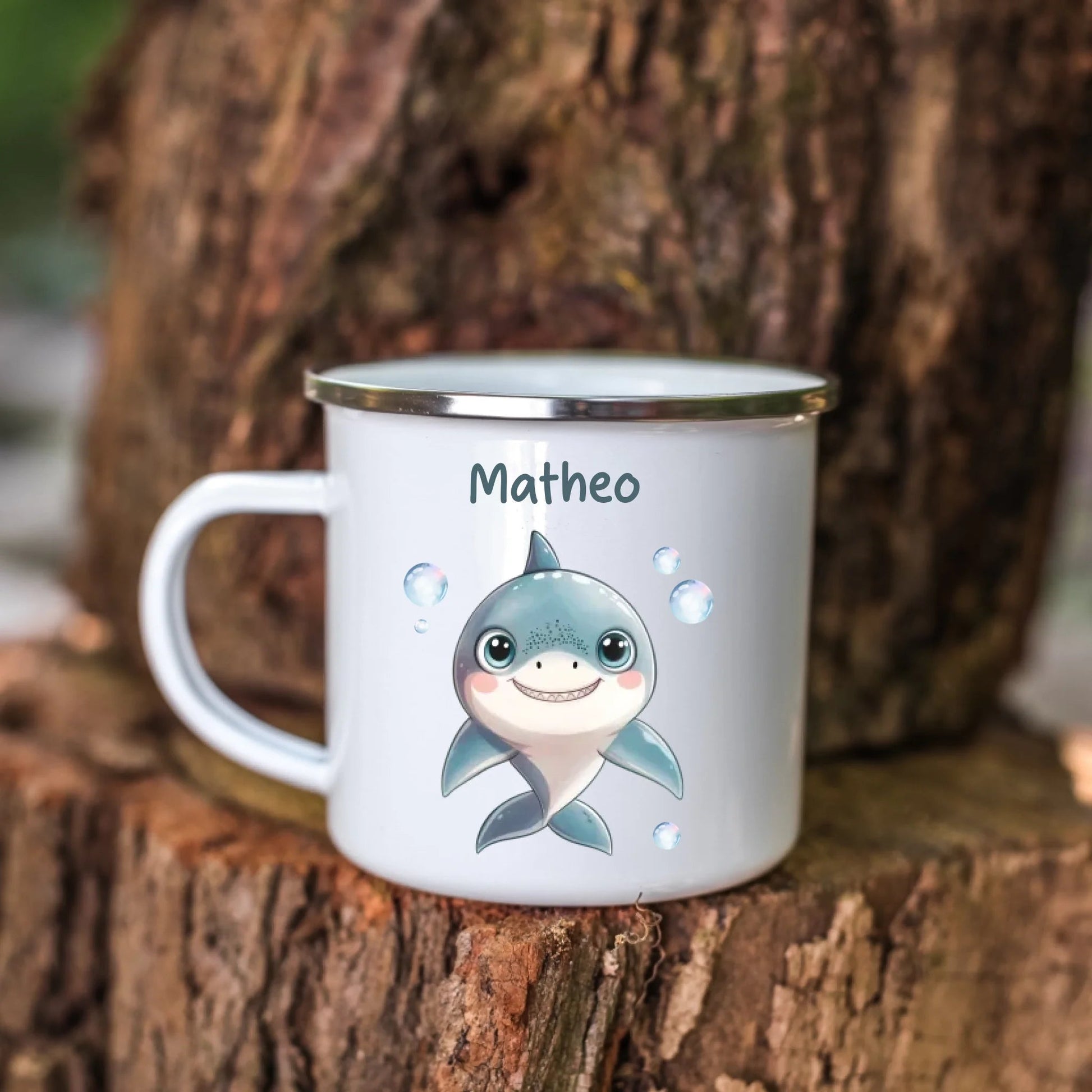 Emaille Kindertasse mit Namen personalisiert, Meerestiere Wal und Hai Little Mathilda Little Mathilda Emaille Tasse