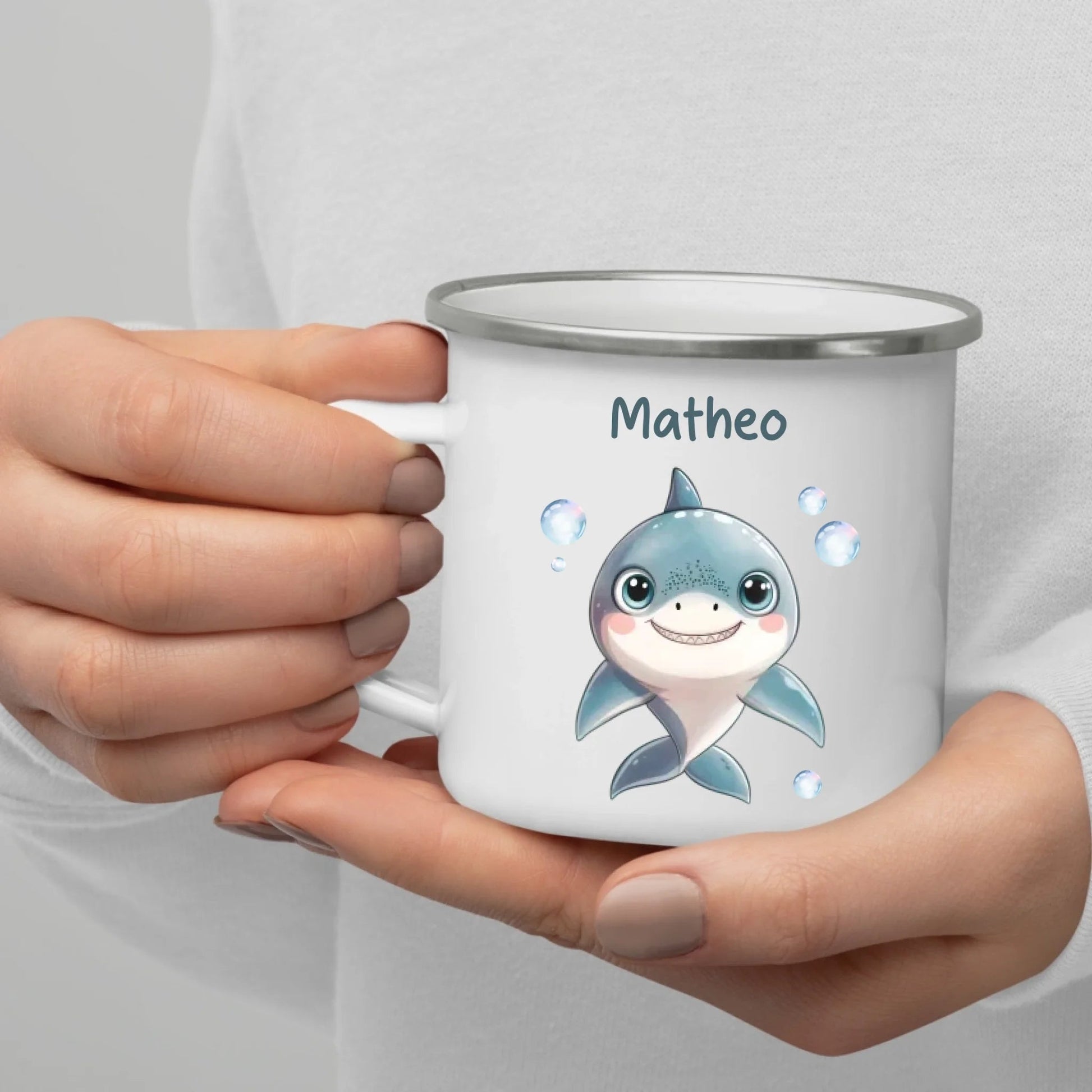 Emaille Kindertasse mit Namen personalisiert, Meerestiere Wal und Hai Little Mathilda Little Mathilda Emaille Tasse