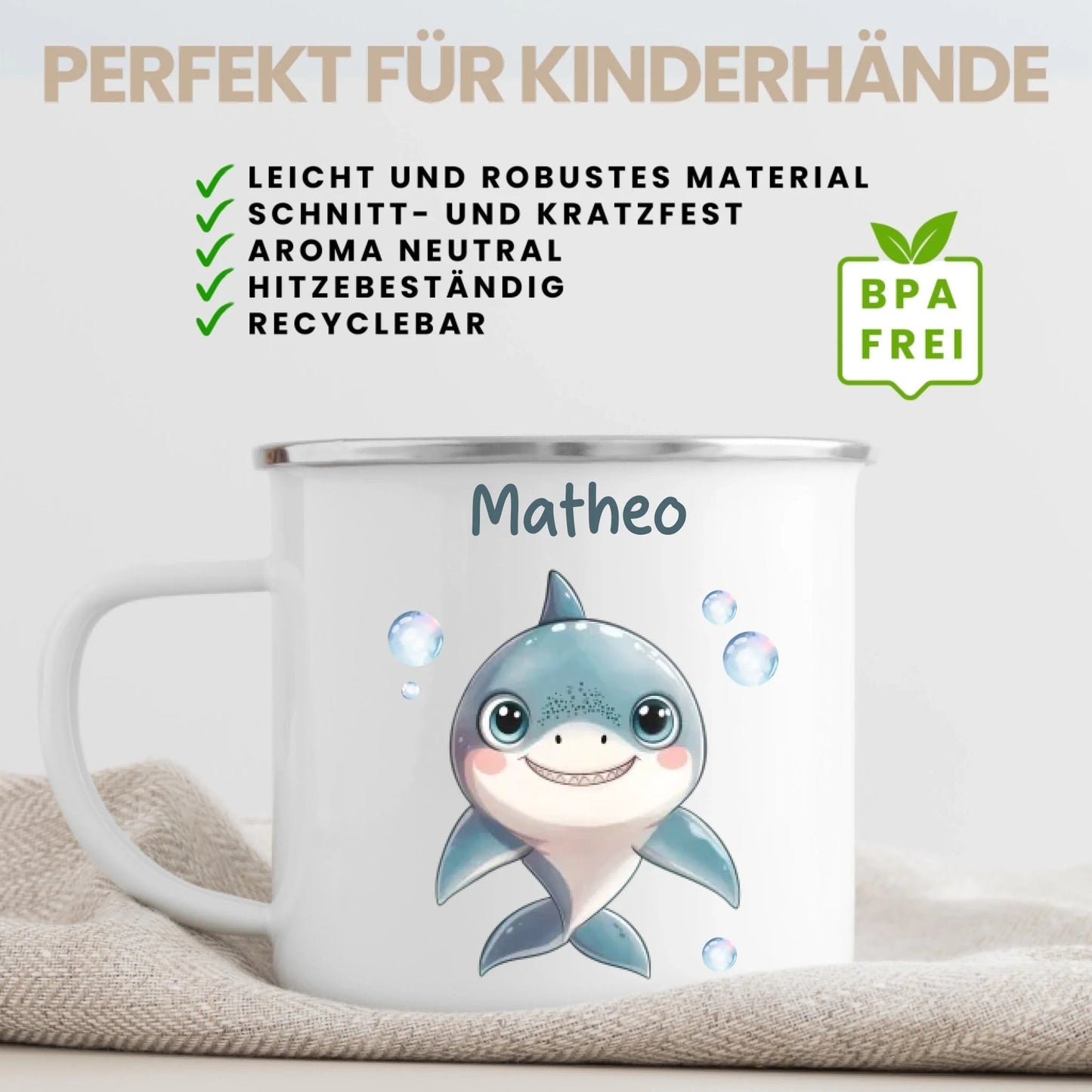 Emaille Kindertasse mit Namen personalisiert, Meerestiere Wal und Hai Little Mathilda Little Mathilda Emaille Tasse