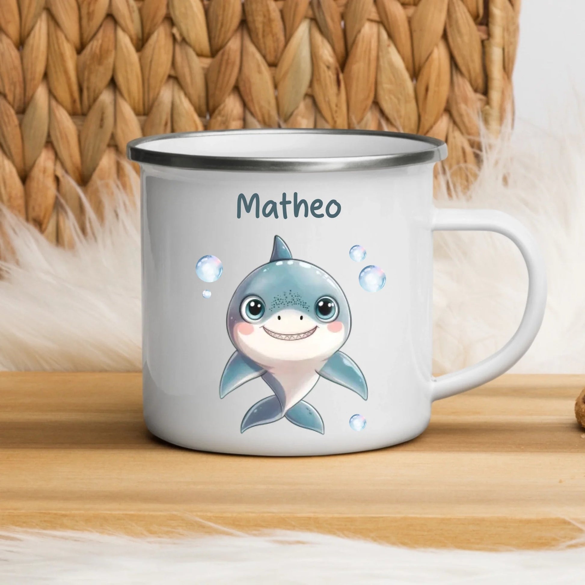 Emaille Kindertasse mit Namen personalisiert, Meerestiere Wal und Hai Little Mathilda Little Mathilda Emaille Tasse