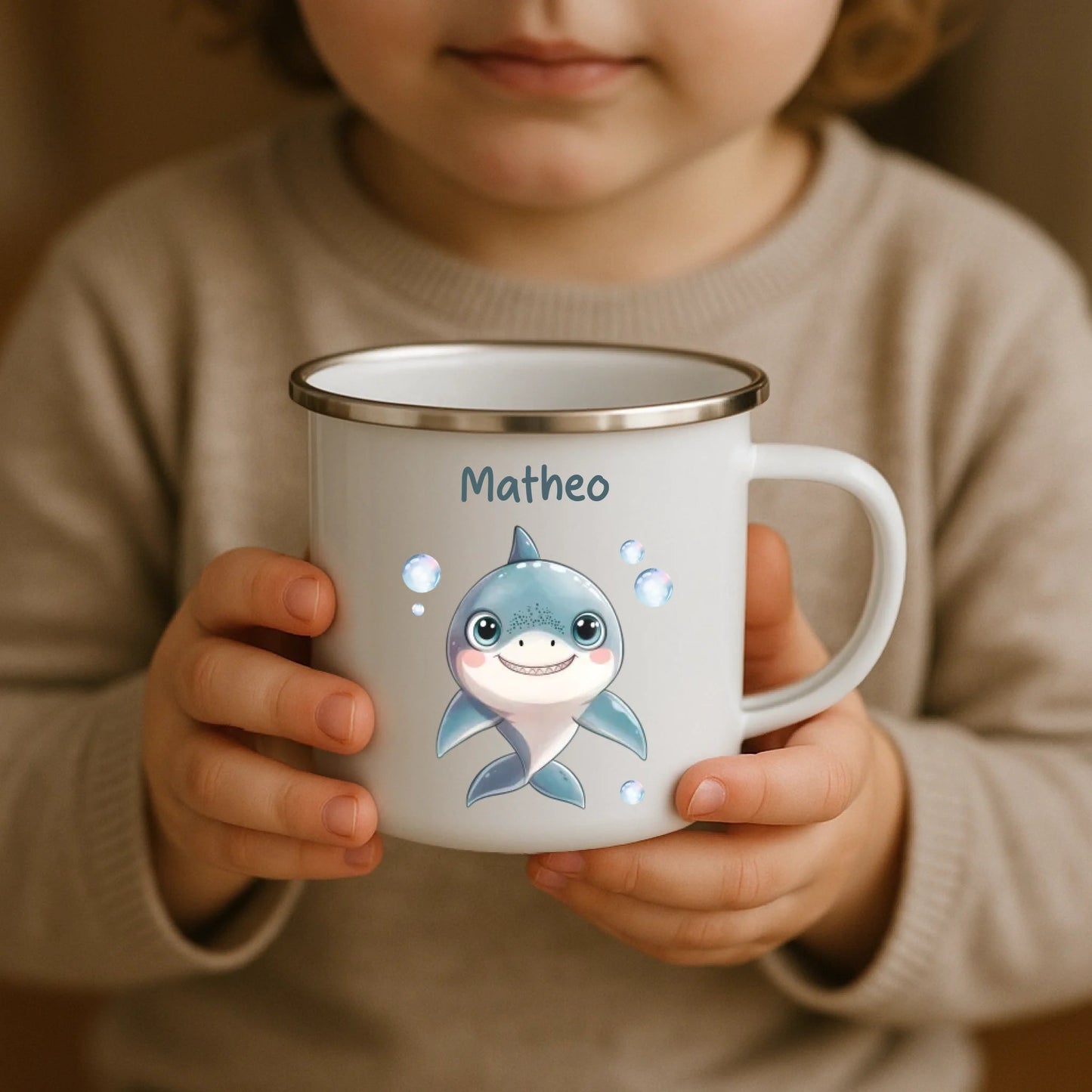 Emaille Kindertasse mit Namen personalisiert, Meerestiere Wal und Hai Little Mathilda Little Mathilda Emaille Tasse