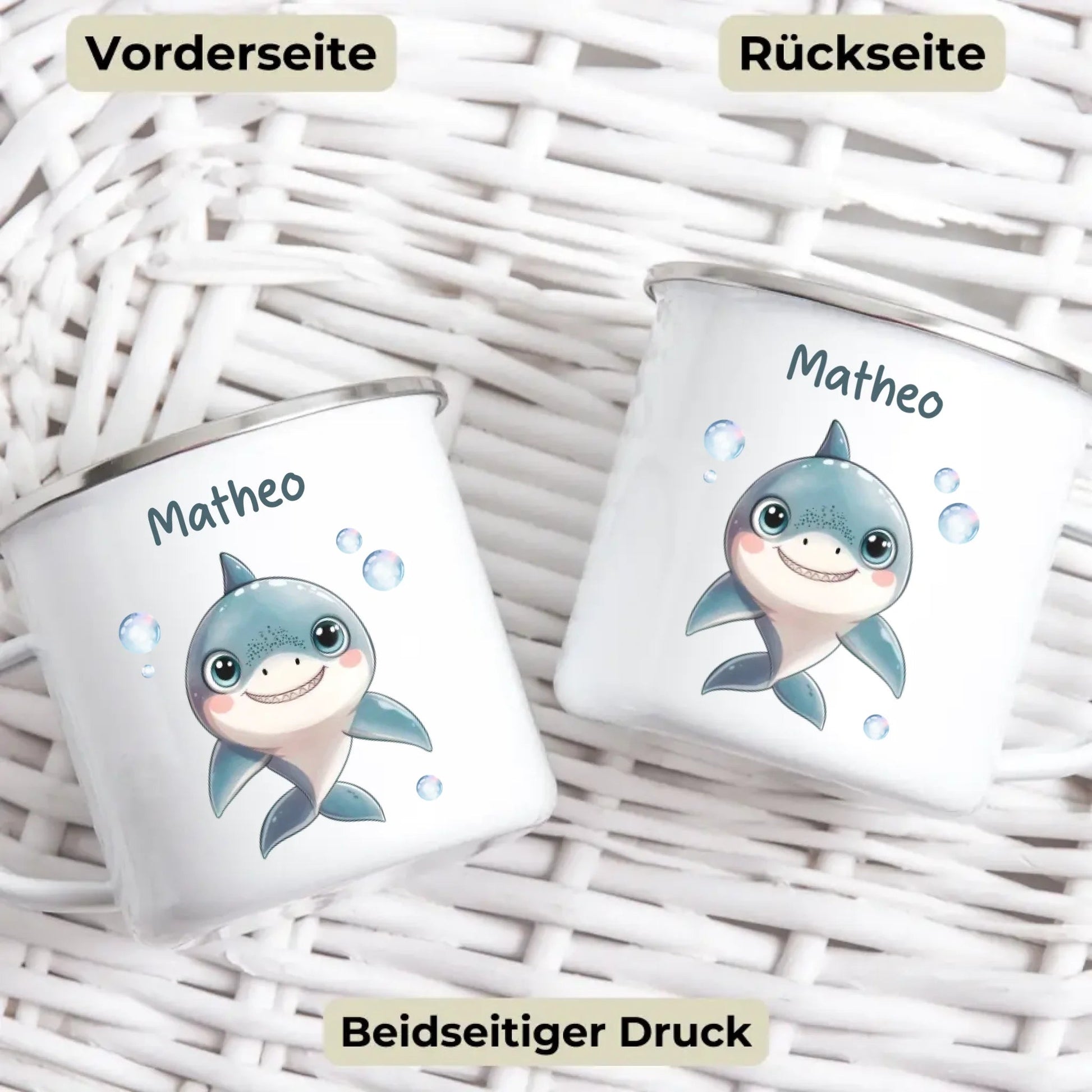 Emaille Kindertasse mit Namen personalisiert, Meerestiere Wal und Hai Little Mathilda Little Mathilda Emaille Tasse