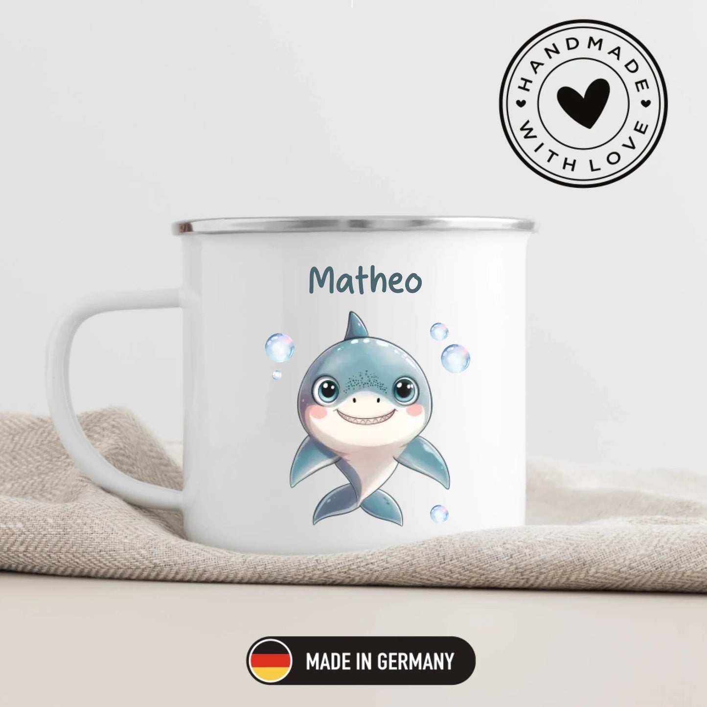 Emaille Kindertasse mit Namen personalisiert, Meerestiere Wal und Hai Little Mathilda Little Mathilda Emaille Tasse