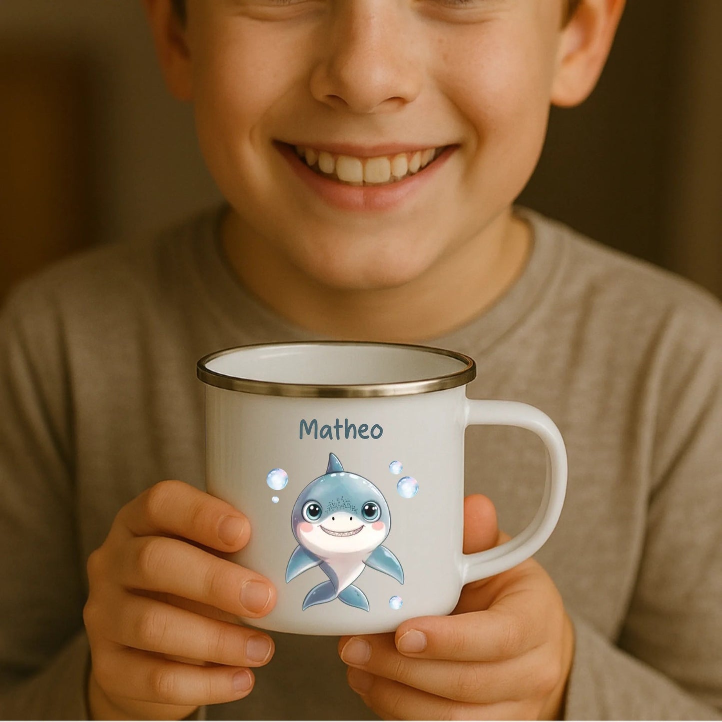 Emaille Kindertasse mit Namen personalisiert, Meerestiere Wal und Hai Little Mathilda Little Mathilda Emaille Tasse