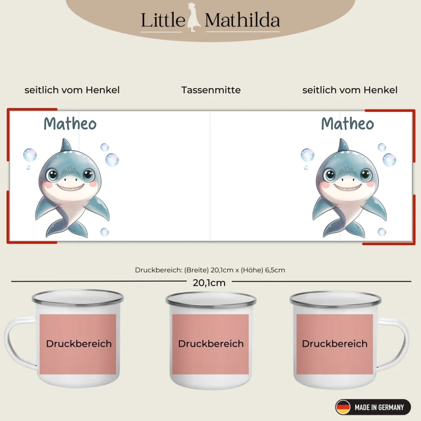 Emaille Kindertasse mit Namen personalisiert, Meerestiere Wal und Hai Little Mathilda Little Mathilda Emaille Tasse
