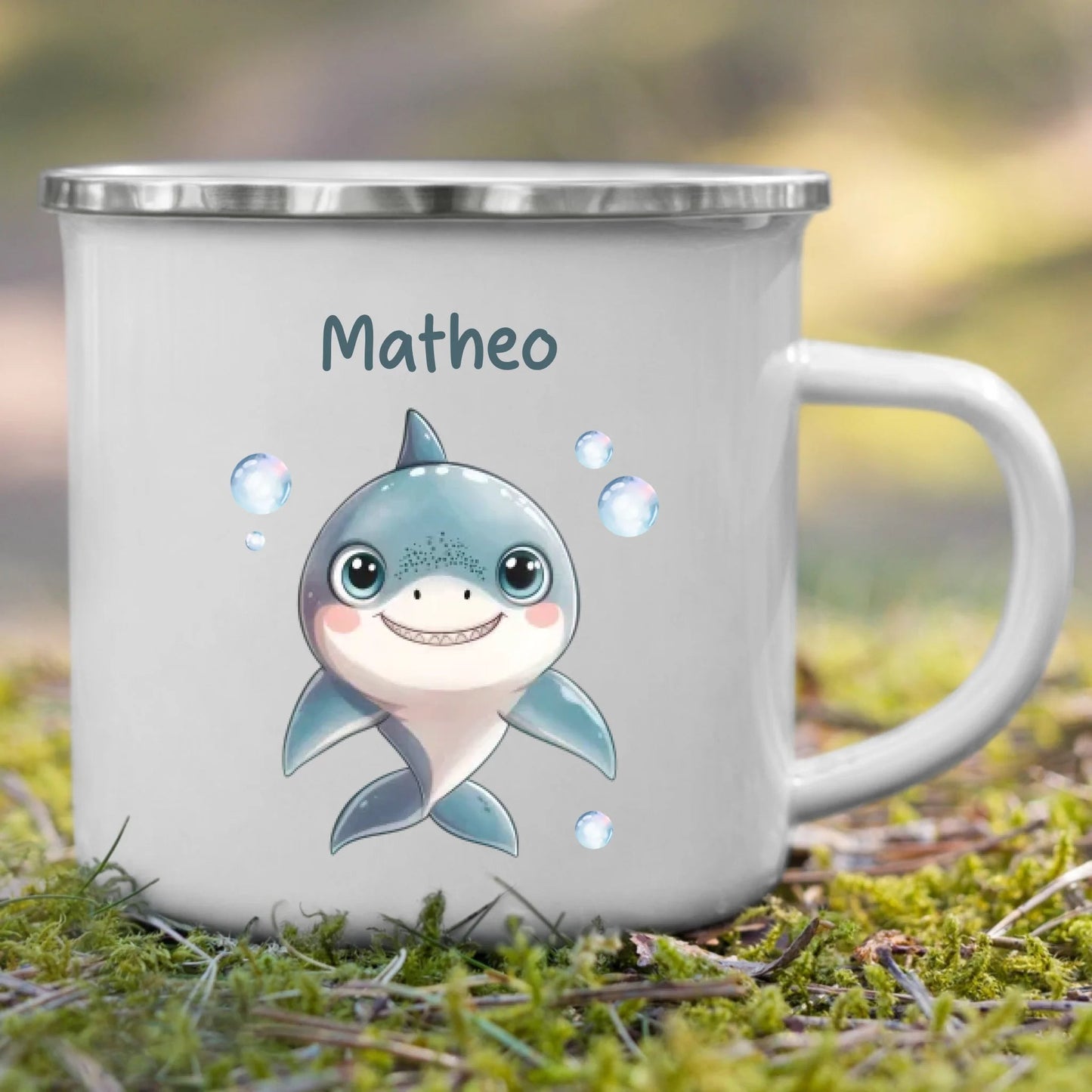 Emaille Kindertasse mit Namen personalisiert, Meerestiere Wal und Hai Little Mathilda Little Mathilda Emaille Tasse