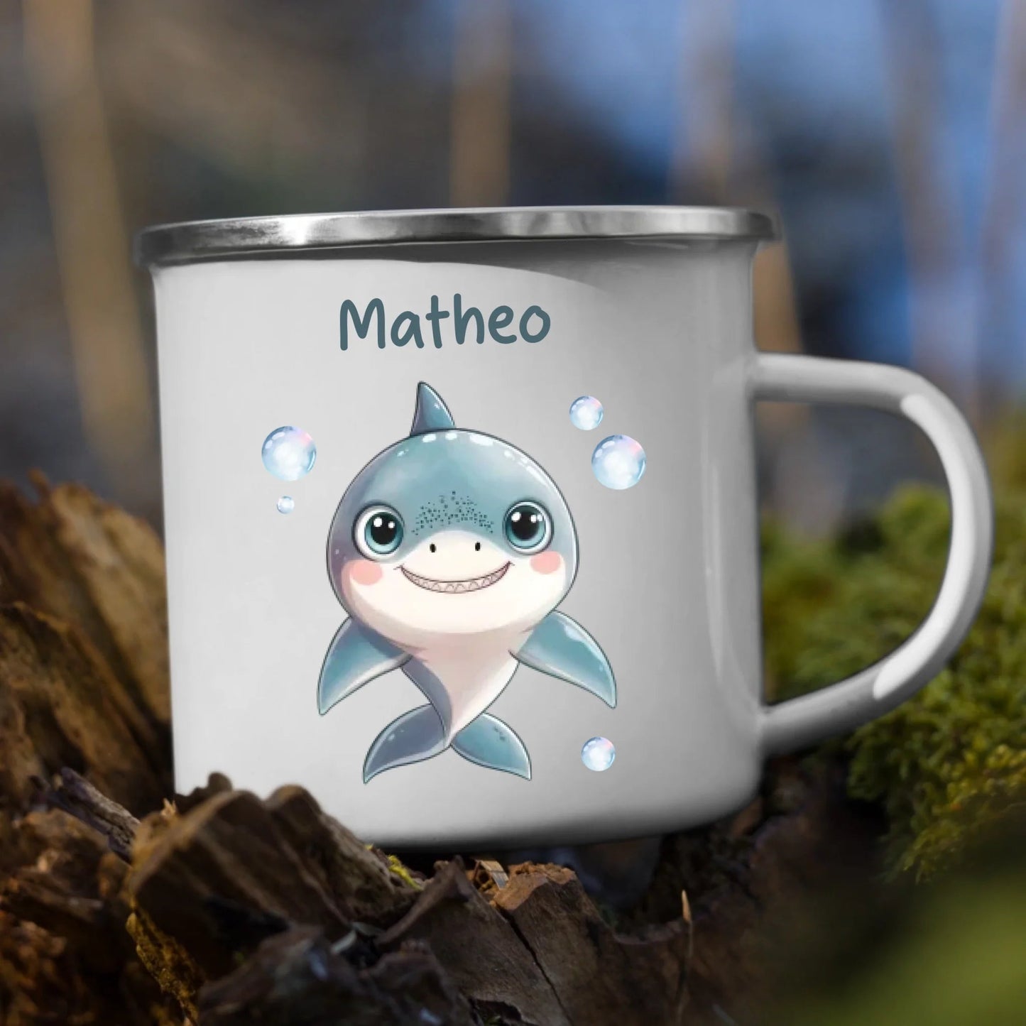 Emaille Kindertasse mit Namen personalisiert, Meerestiere Wal und Hai Little Mathilda Little Mathilda Emaille Tasse