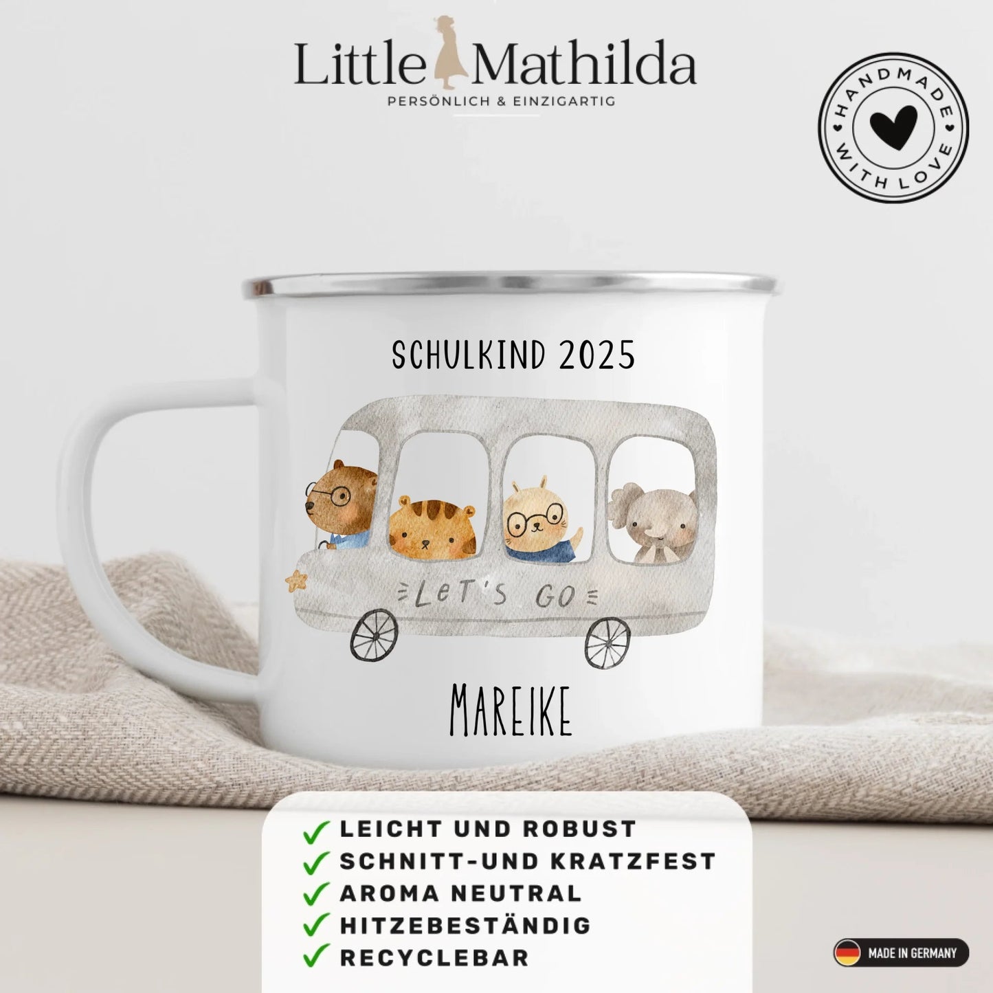 Emaille Tasse Schulkind 2025 - Tierischer Bus Little Mathilda Little Mathilda Emaille Tasse