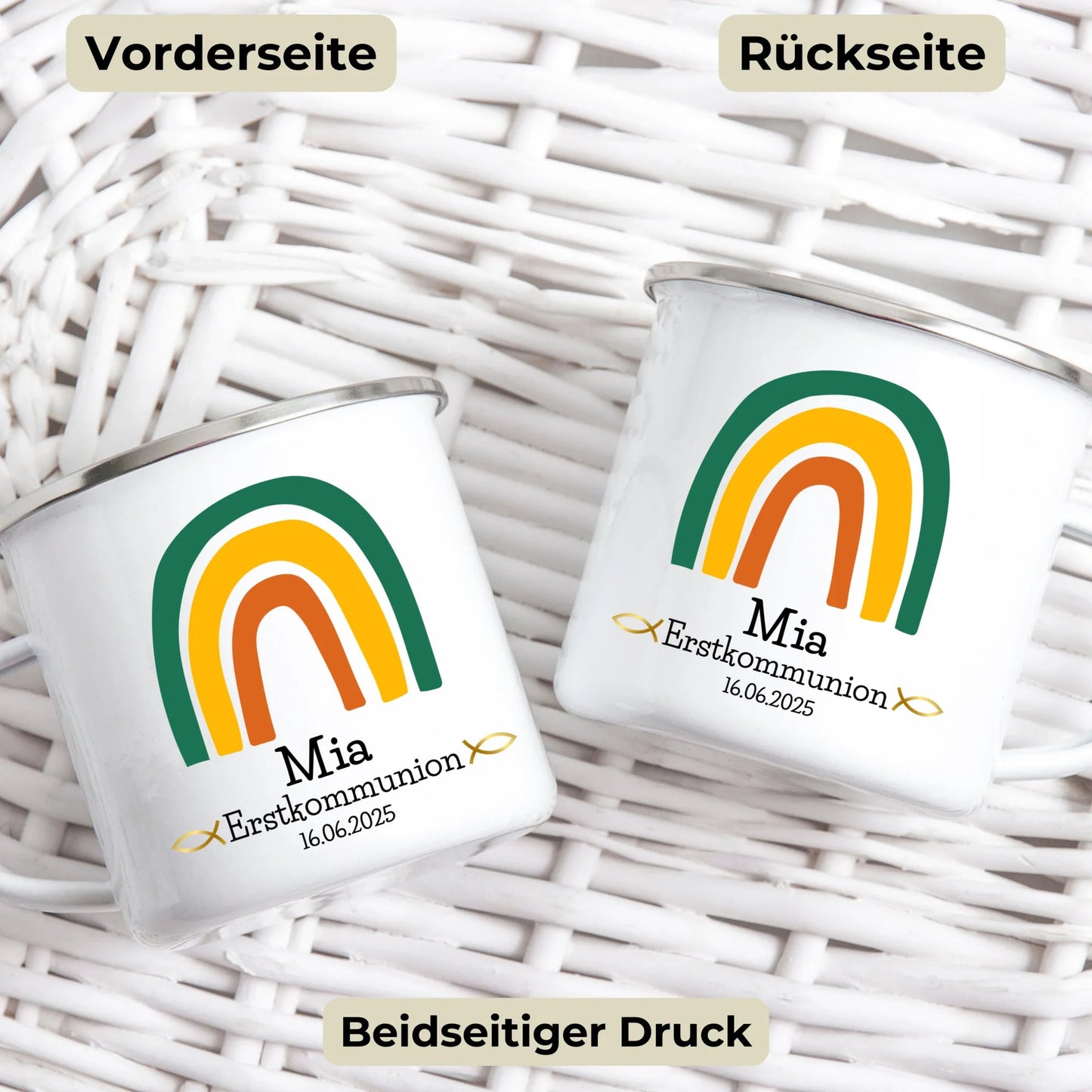 Grüne Regenbogen Emaille Tasse zur Erstkommunion Little Mathilda Little Mathilda Emaille Tasse
